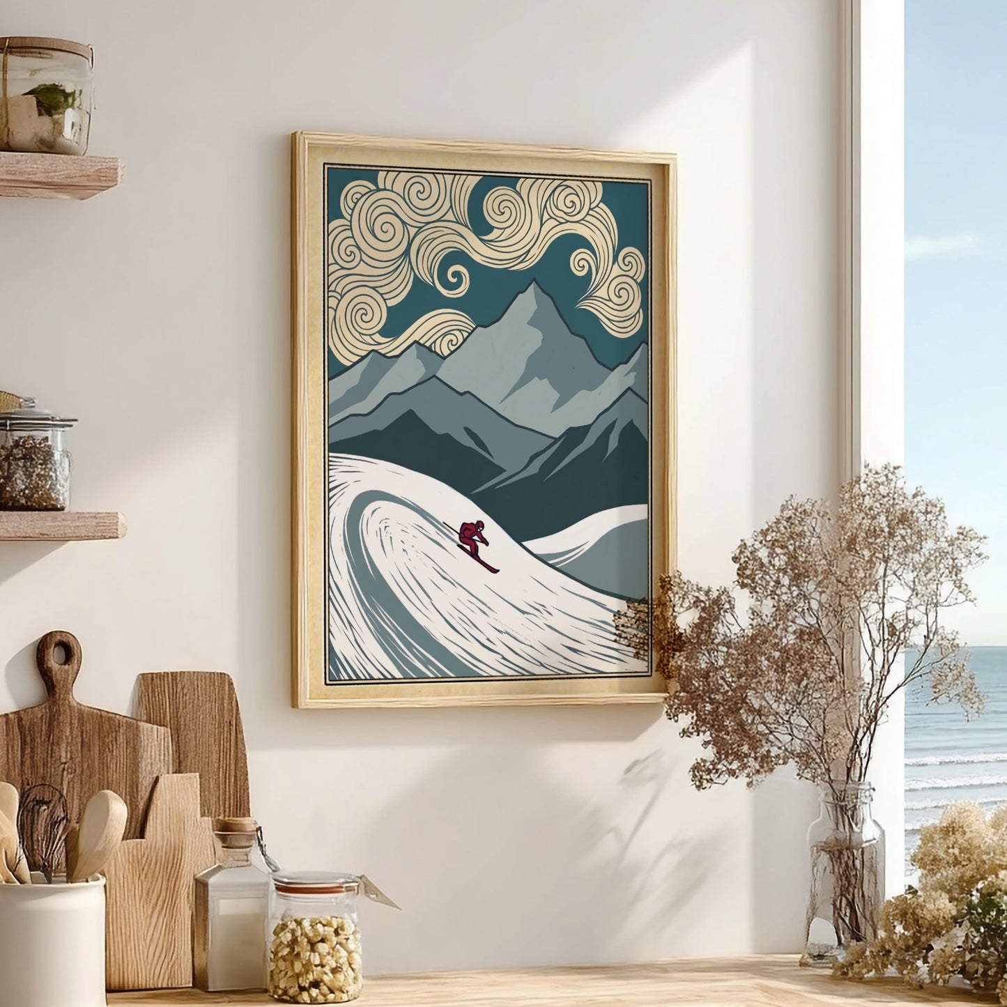 Japanese art style poster featuring a skier in swirling snow and mountains
