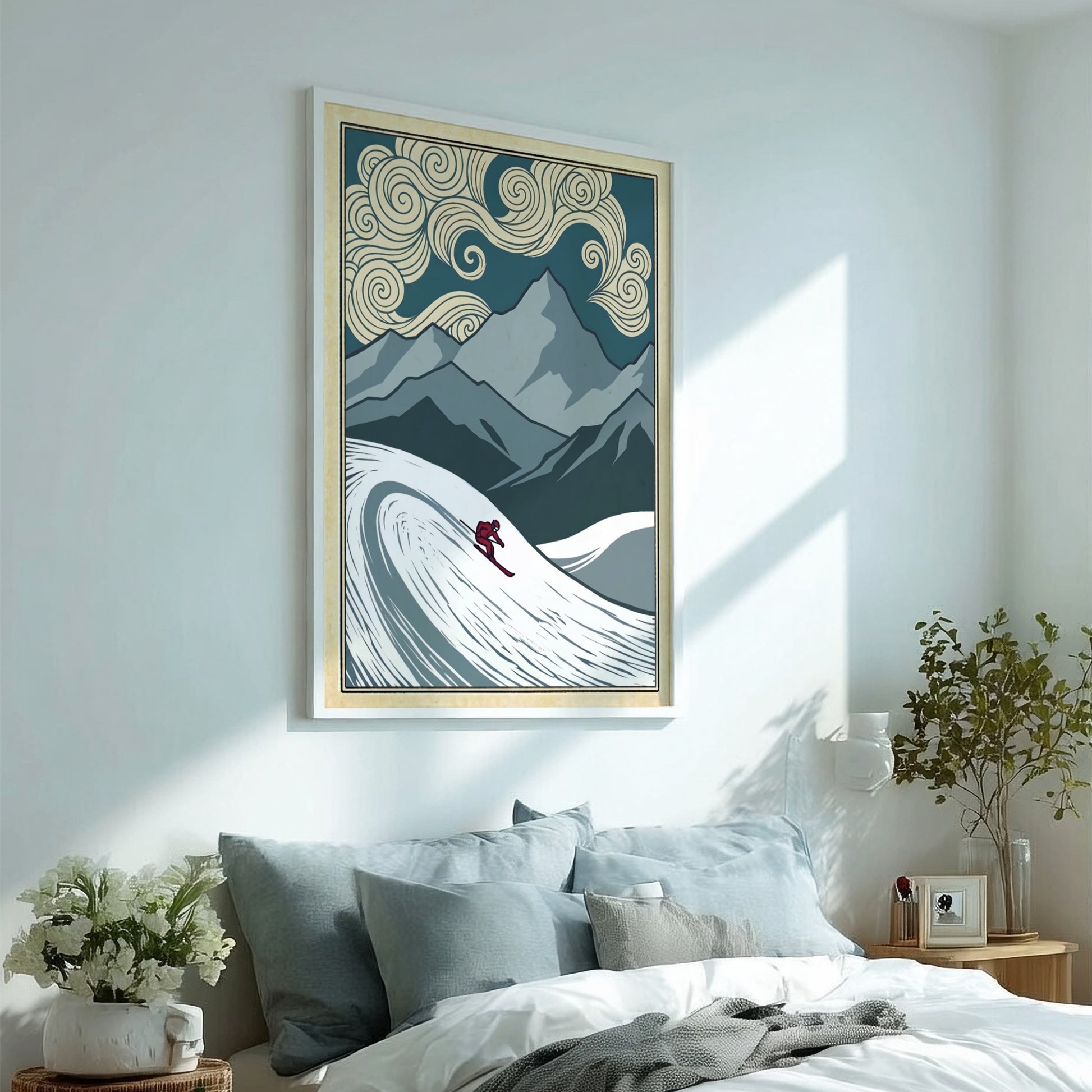 Japanese art style poster featuring a skier in swirling snow and mountains