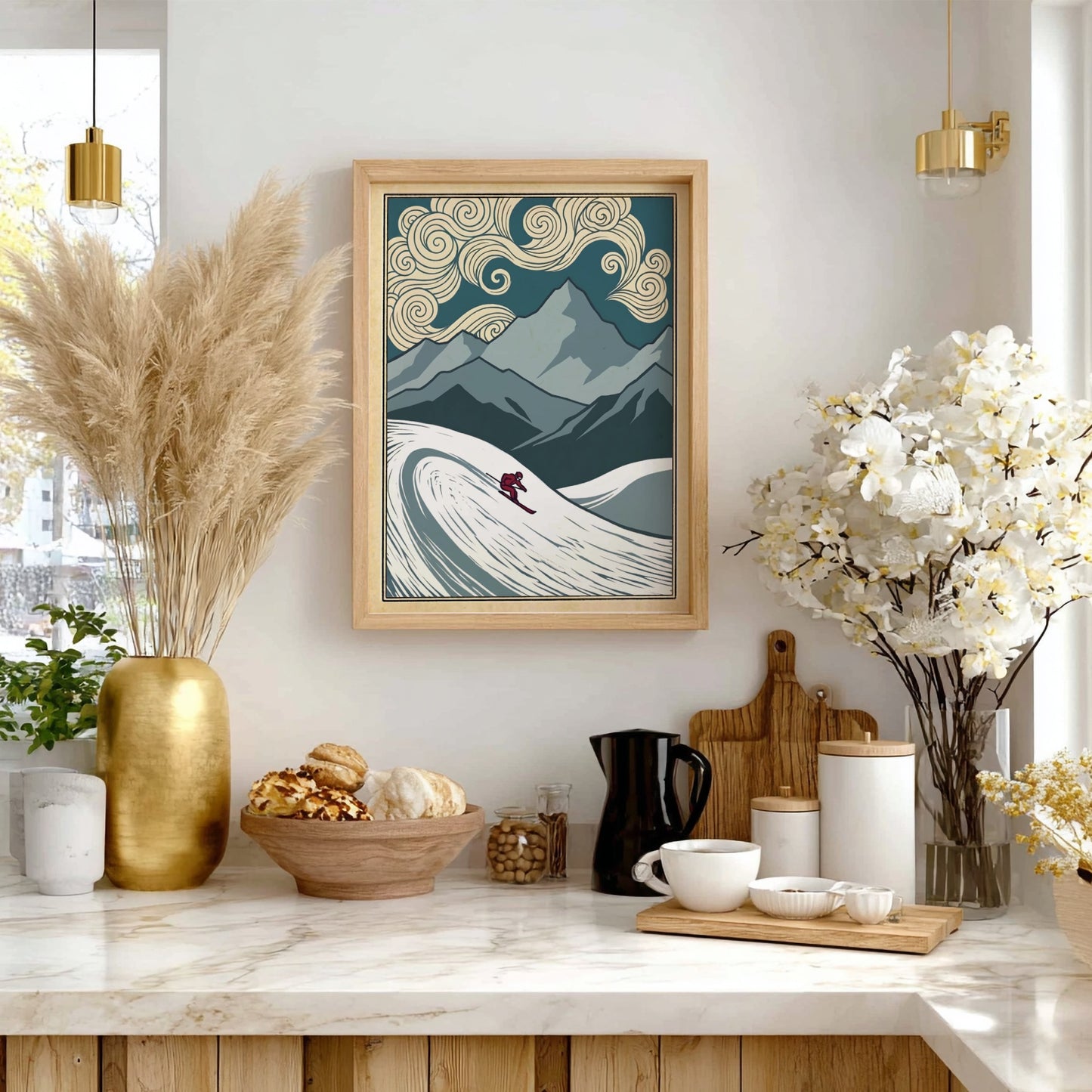 Japanese art style poster featuring a skier in swirling snow and mountains