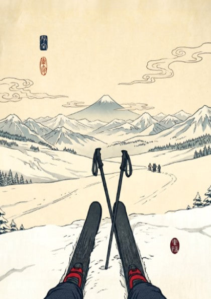 Japanese art style poster featuring skier and Mount Fuji in soft colors