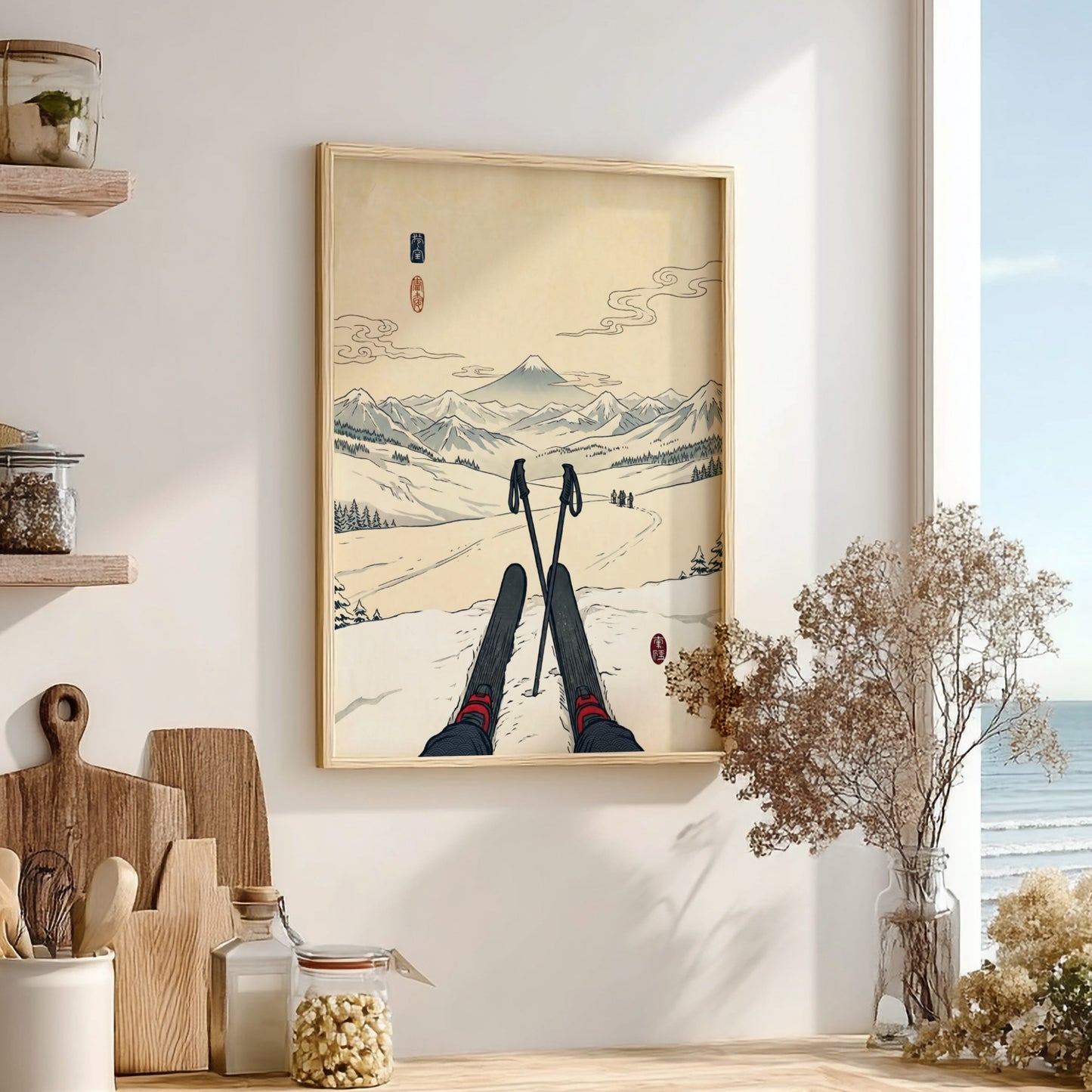 Japanese art style poster featuring skier and Mount Fuji in soft colors