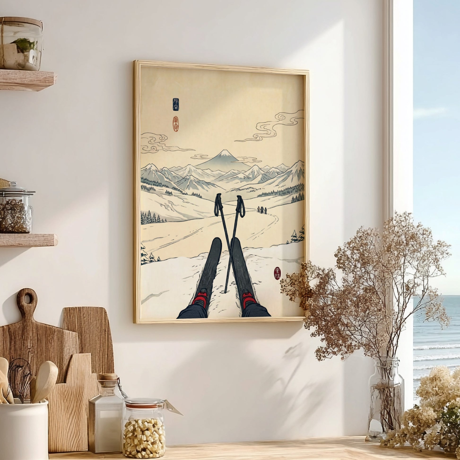 Japanese art style poster featuring skier and Mount Fuji in soft colors