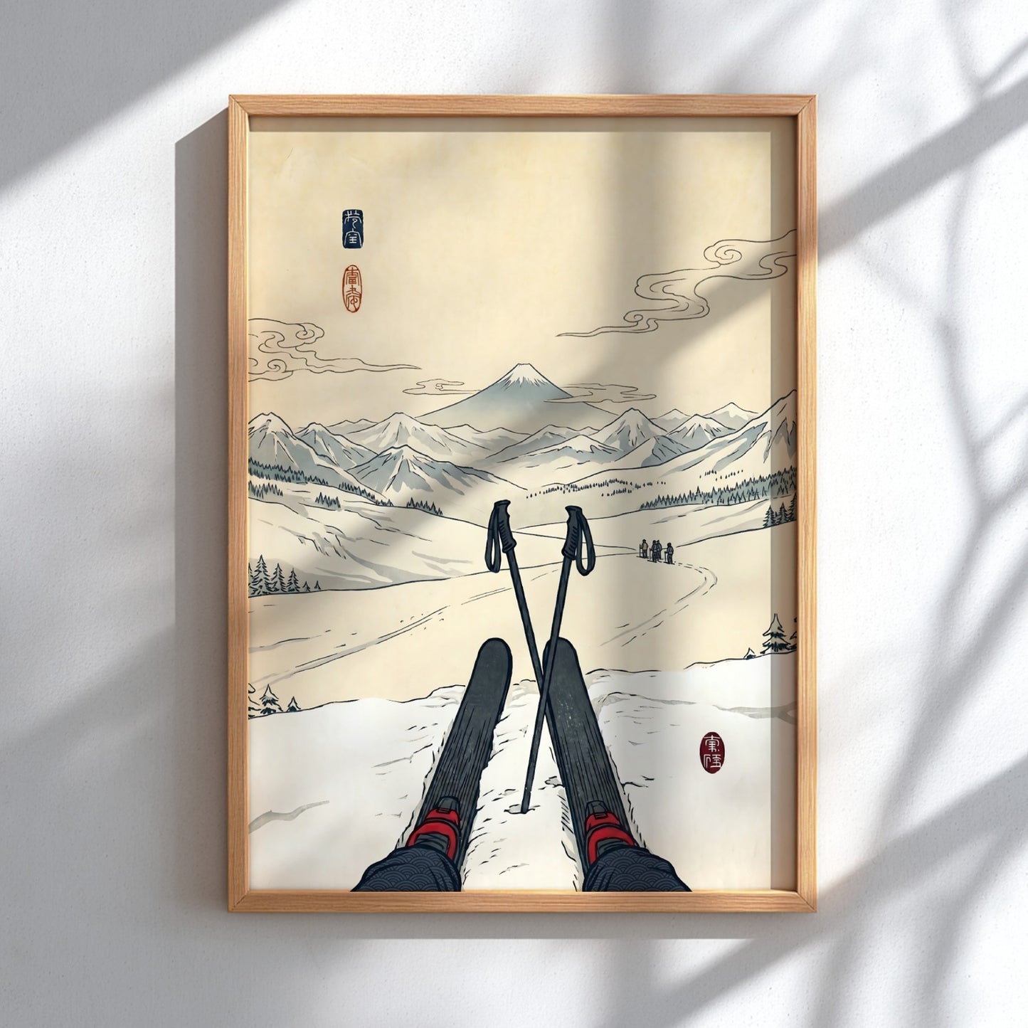 Japanese art style poster featuring skier and Mount Fuji in soft colors