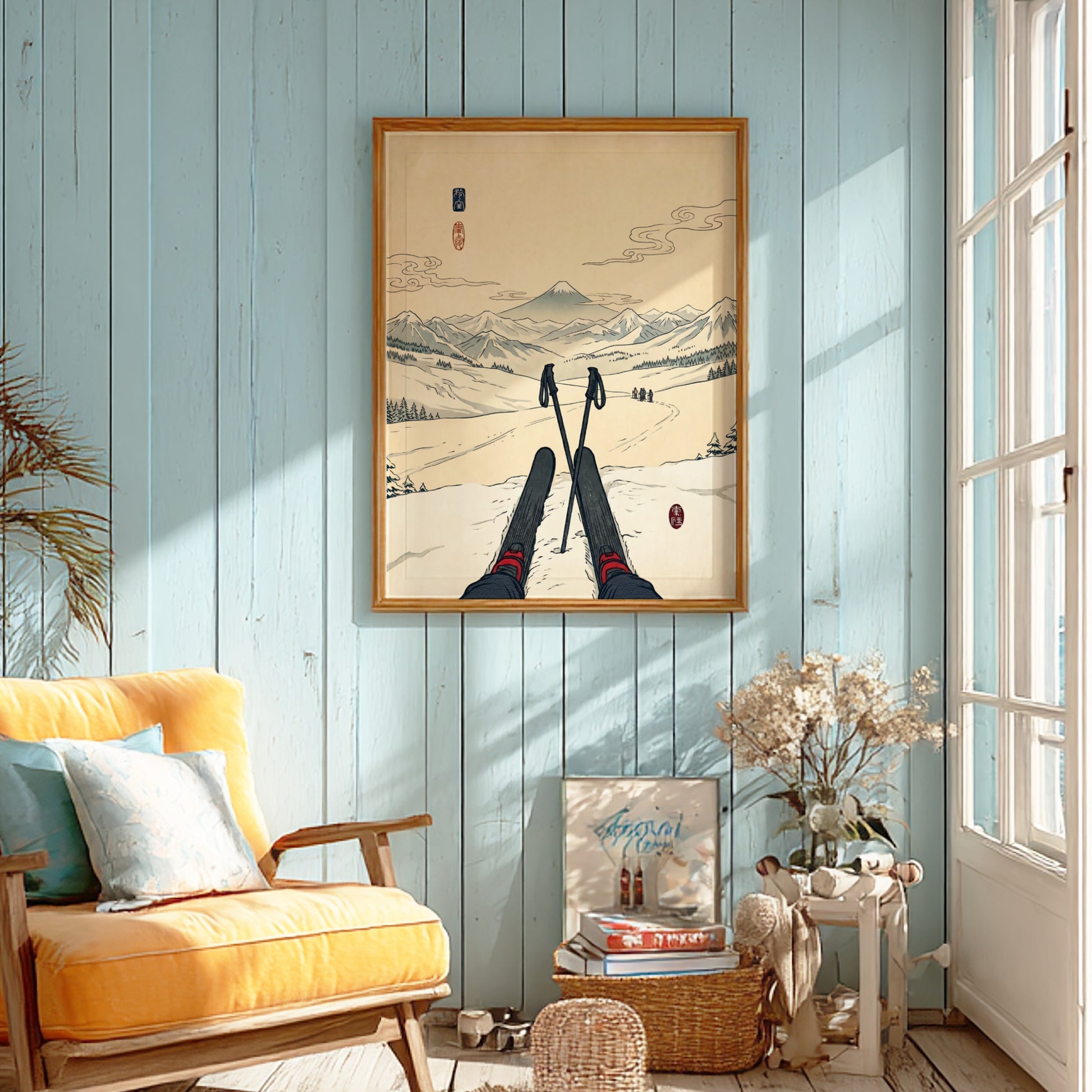 Japanese art style poster featuring skier and Mount Fuji in soft colors