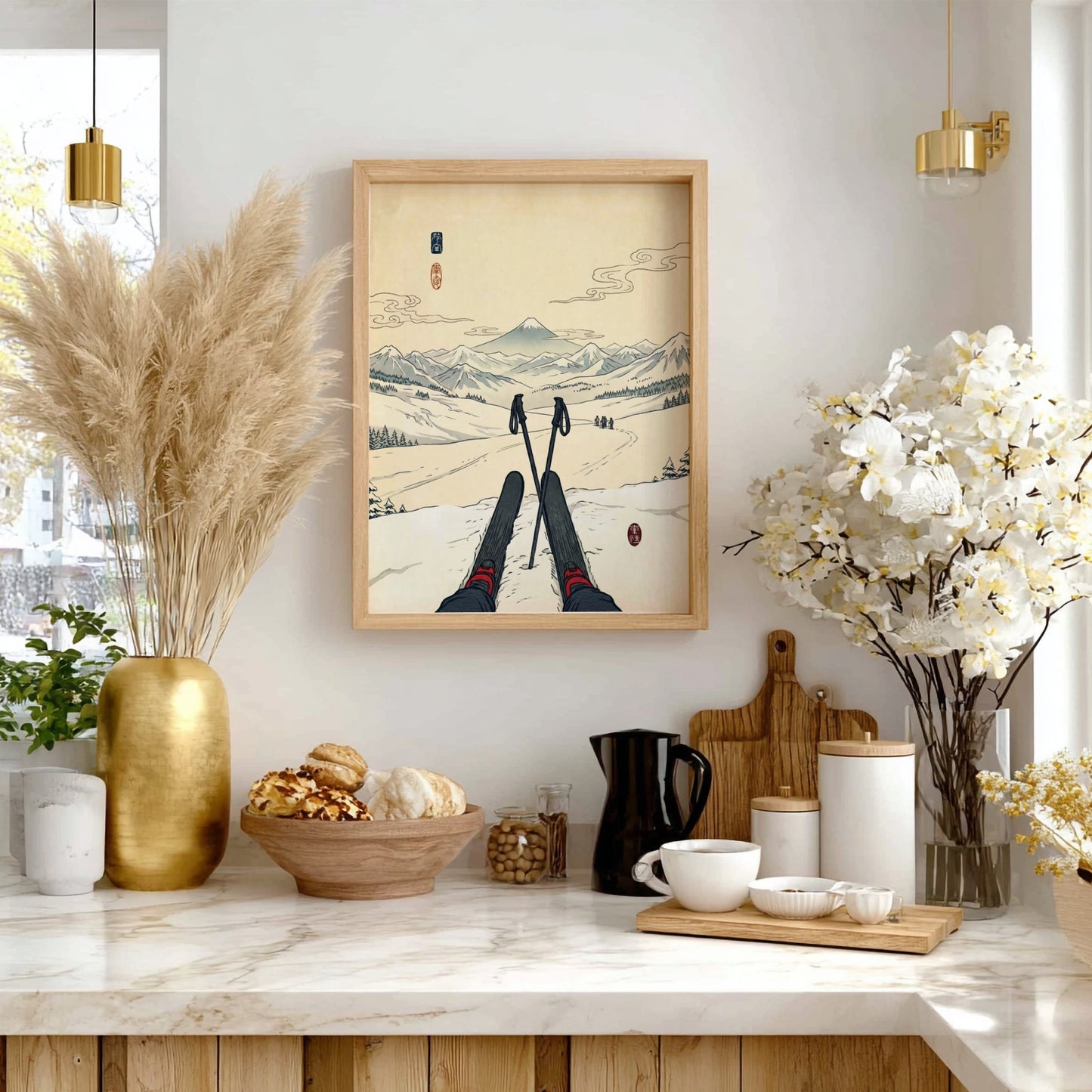 Japanese art style poster featuring skier and Mount Fuji in soft colors