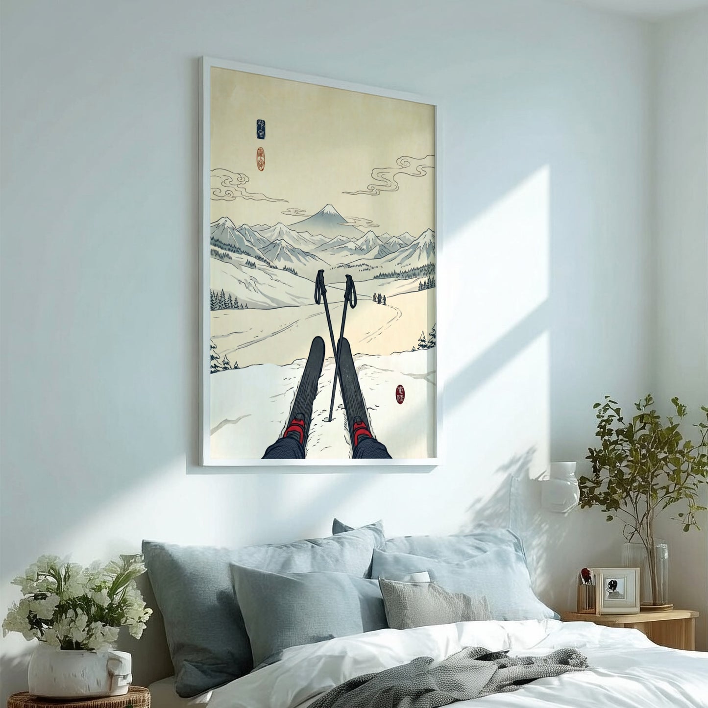 Japanese art style poster featuring skier and Mount Fuji in soft colors