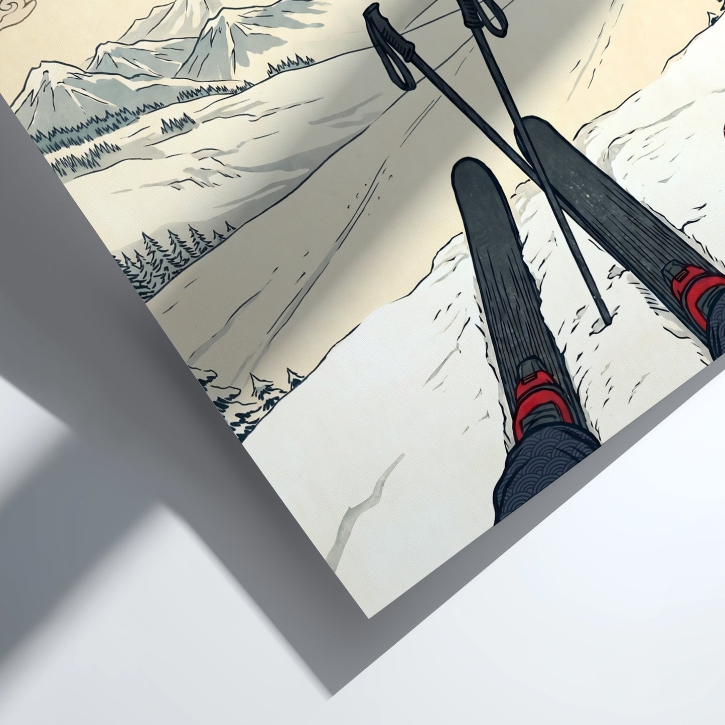 Japanese art style poster featuring skier and Mount Fuji in soft colors