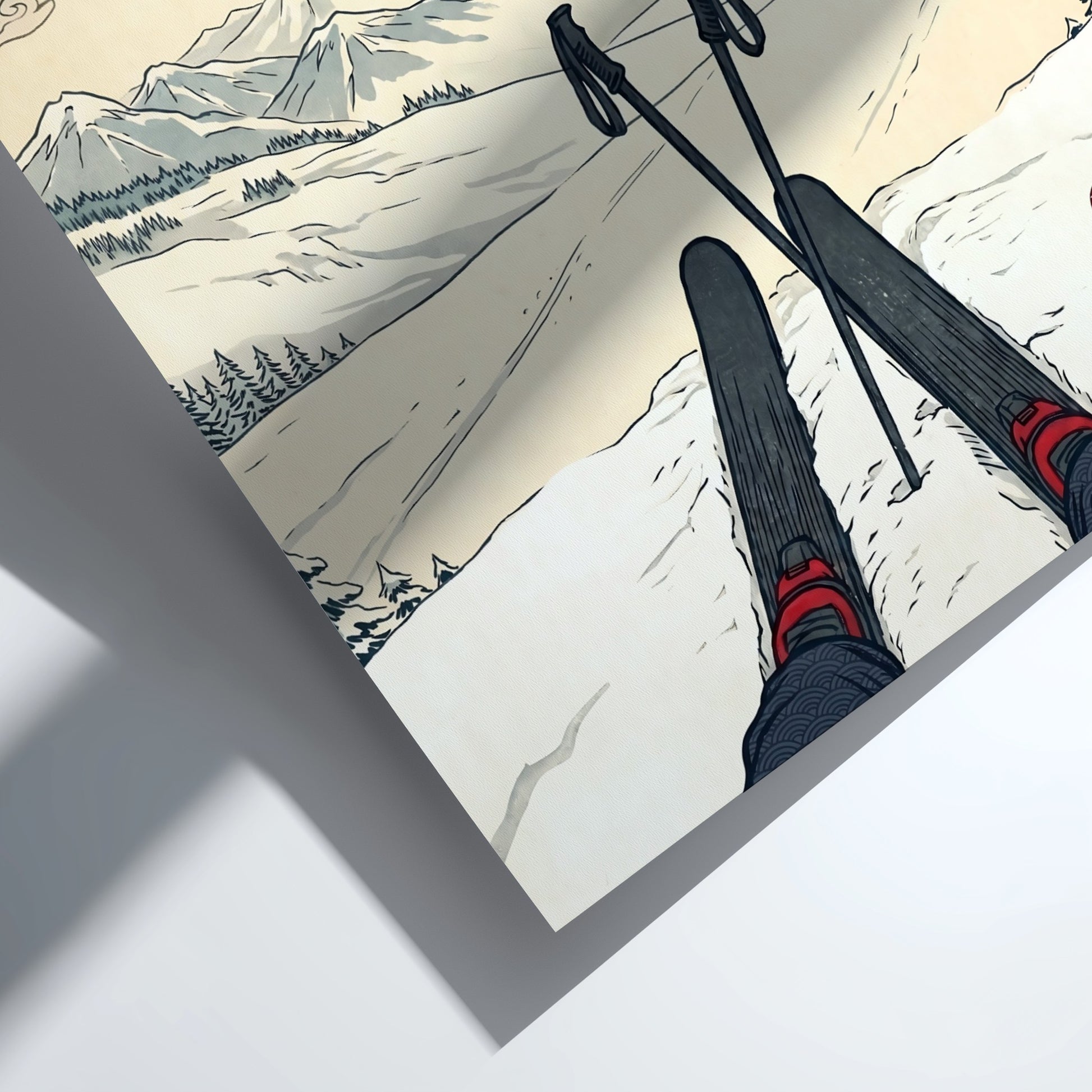 Japanese art style poster featuring skier and Mount Fuji in soft colors