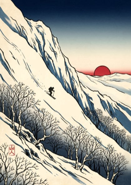 Japanese art style poster featuring a skier against a red sun and snowy mountains