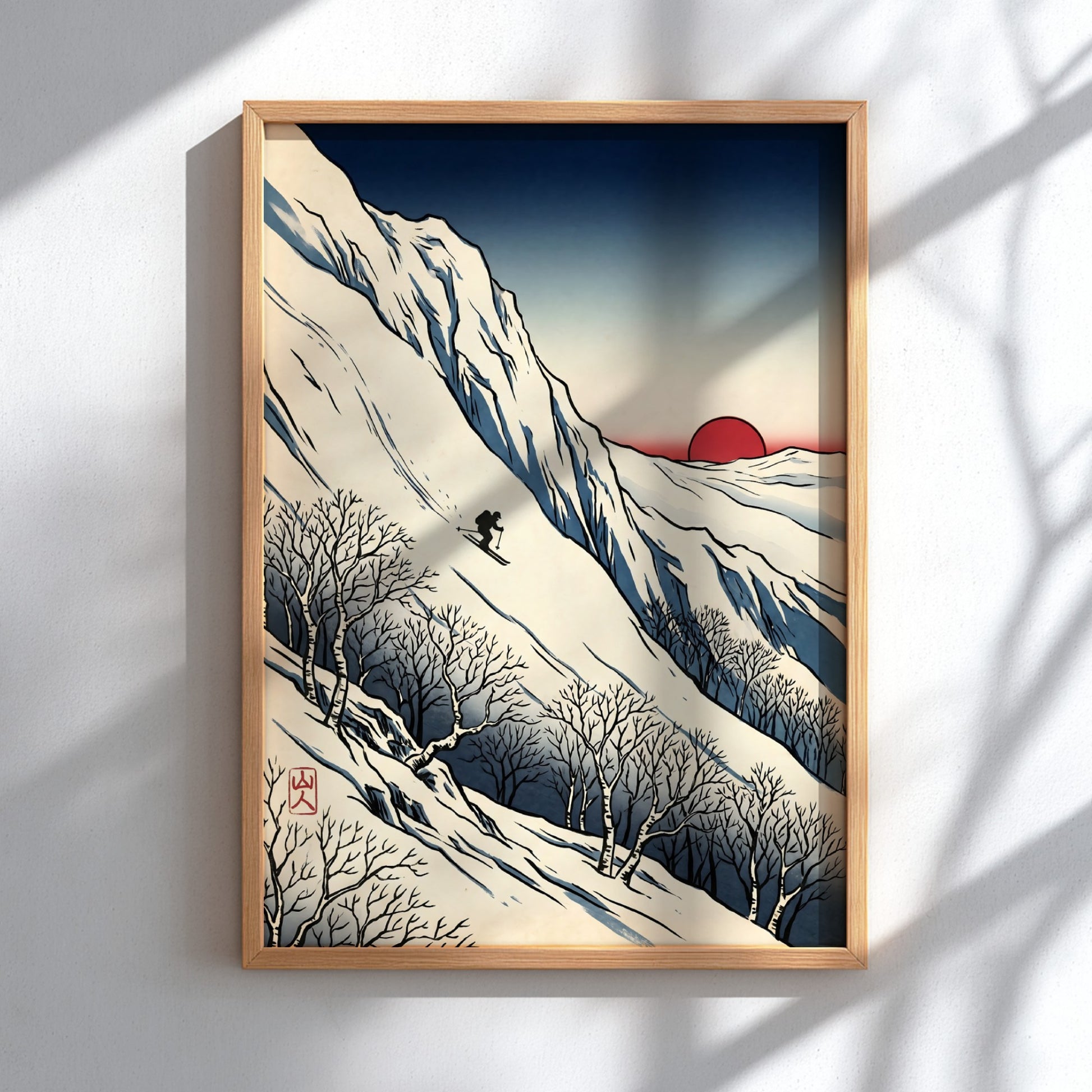 Japanese art style poster featuring a skier against a red sun and snowy mountains