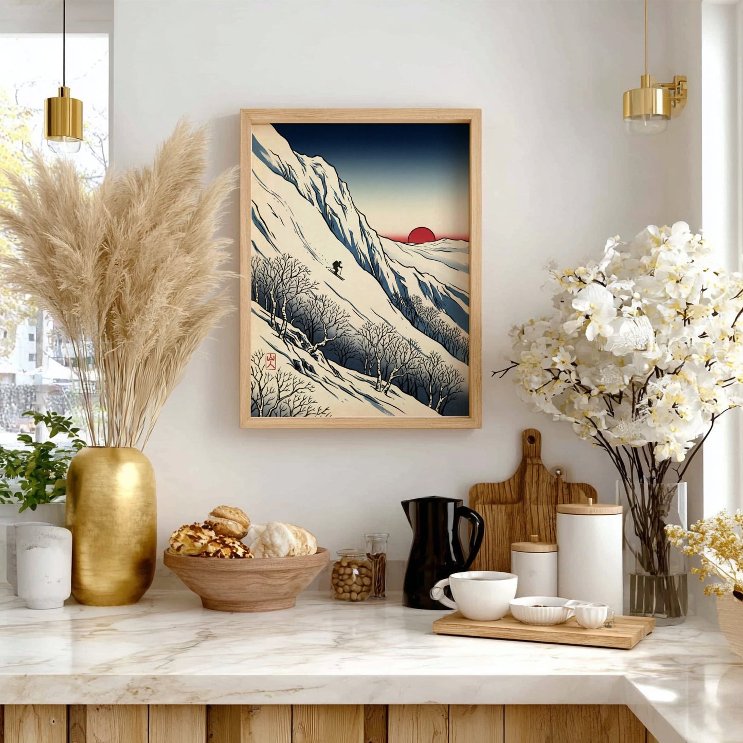 Japanese art style poster featuring a skier against a red sun and snowy mountains