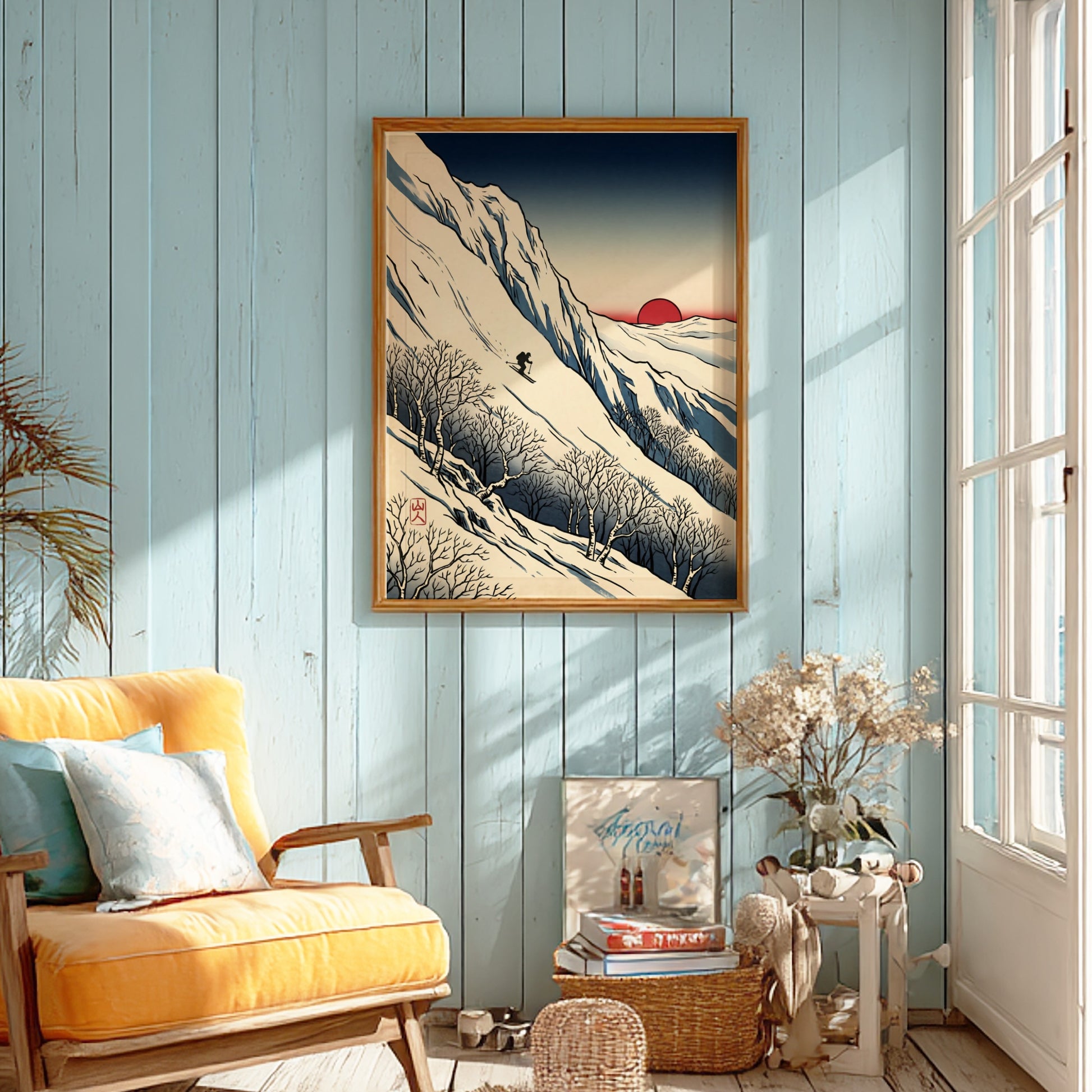 Japanese art style poster featuring a skier against a red sun and snowy mountains