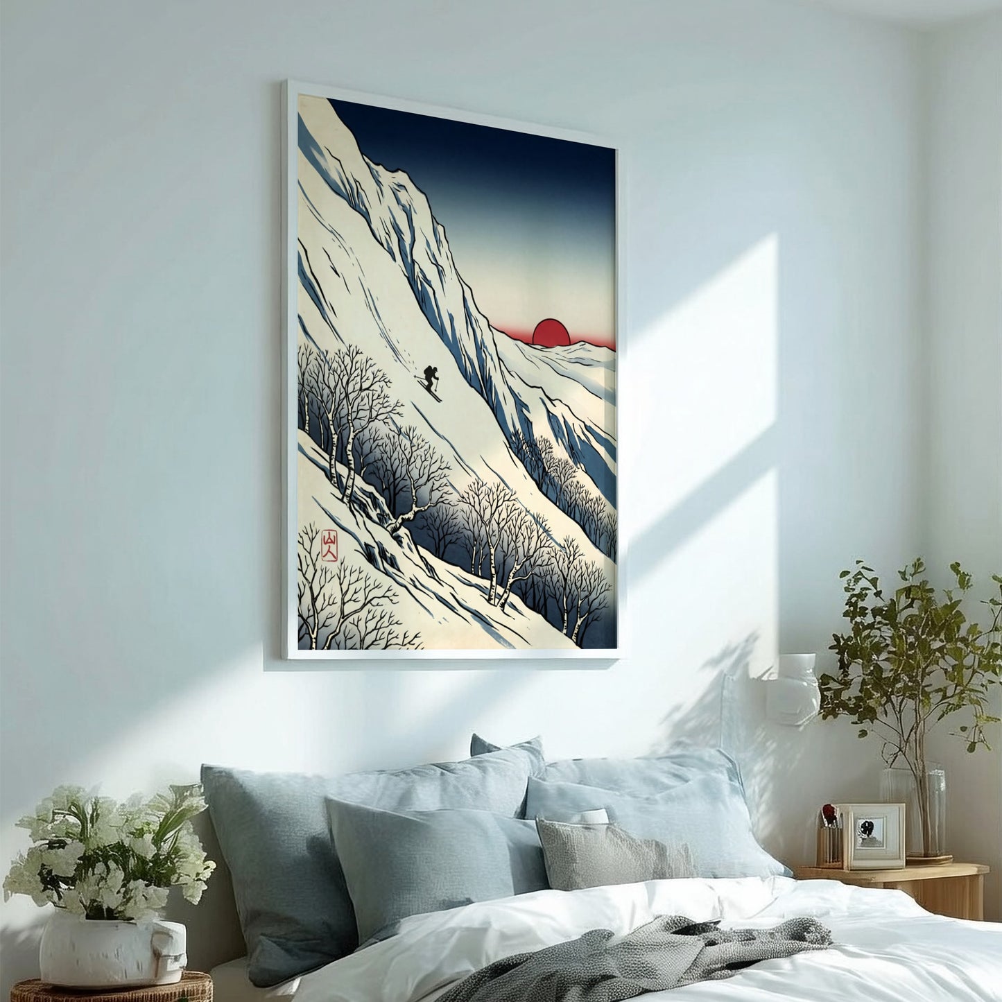 Japanese art style poster featuring a skier against a red sun and snowy mountains