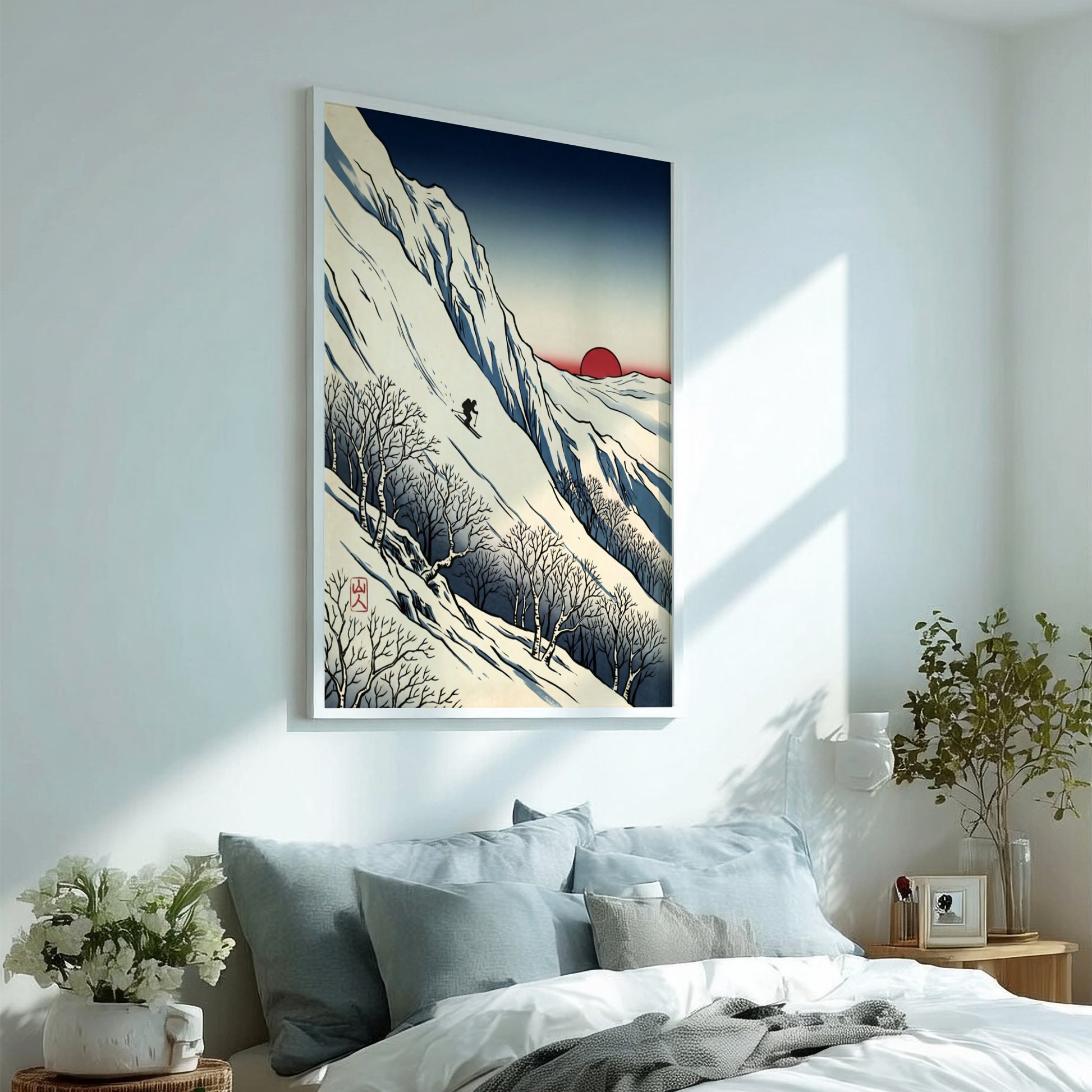 Japanese art style poster featuring a skier against a red sun and snowy mountains
