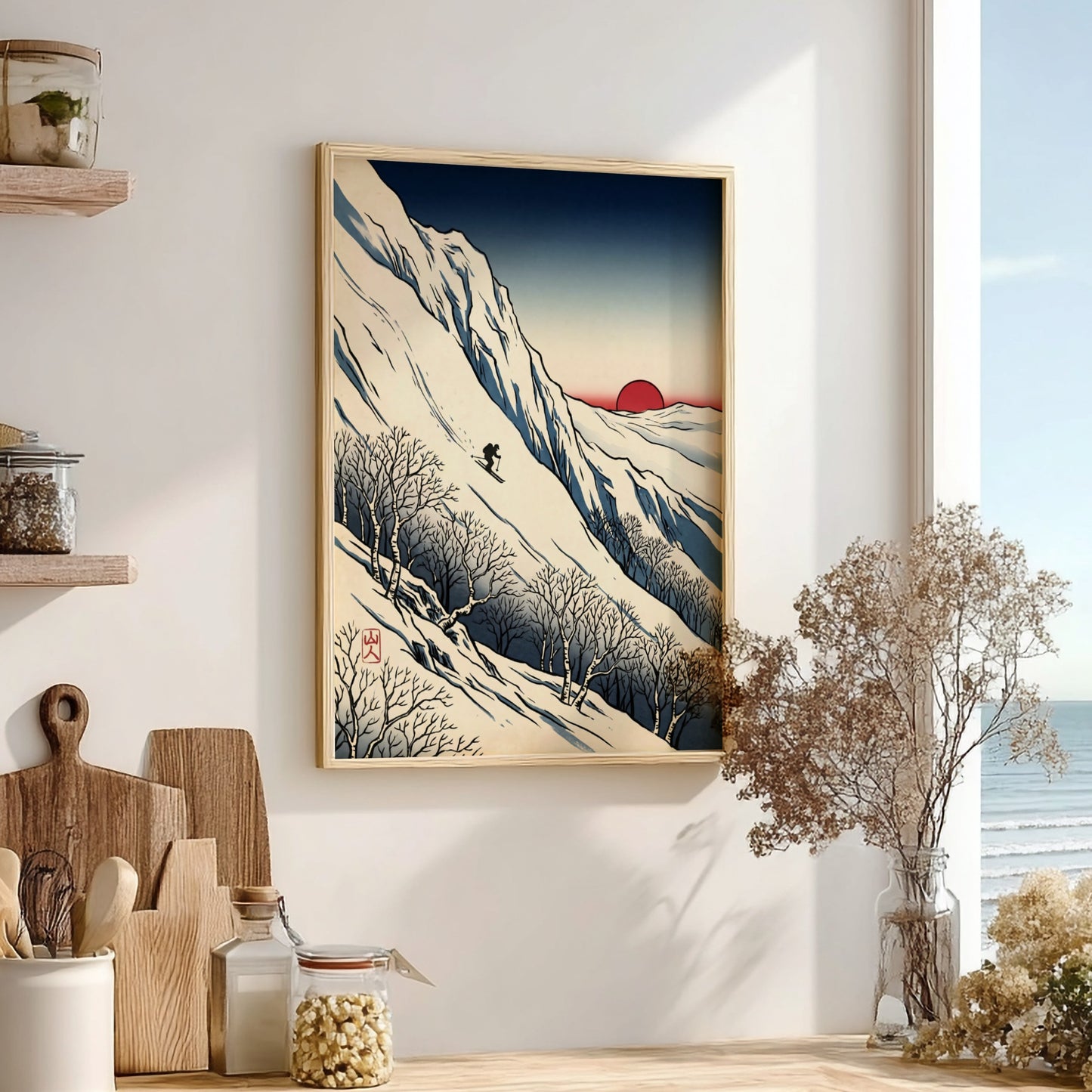 Japanese art style poster featuring a skier against a red sun and snowy mountains
