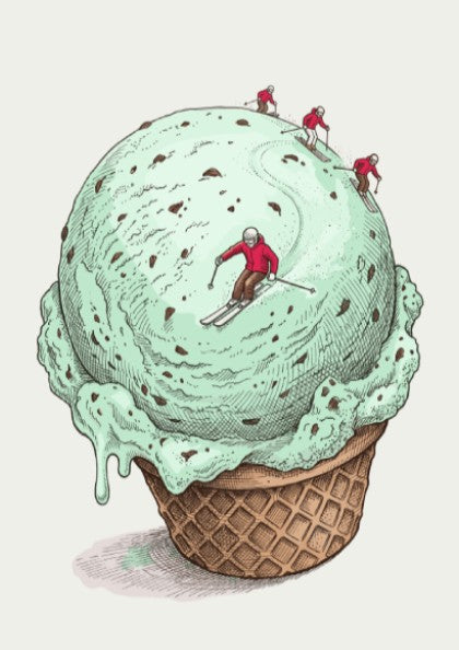 Poster featuring tiny skiers carving tracks down a large mint chocolate chip ice cream scoop