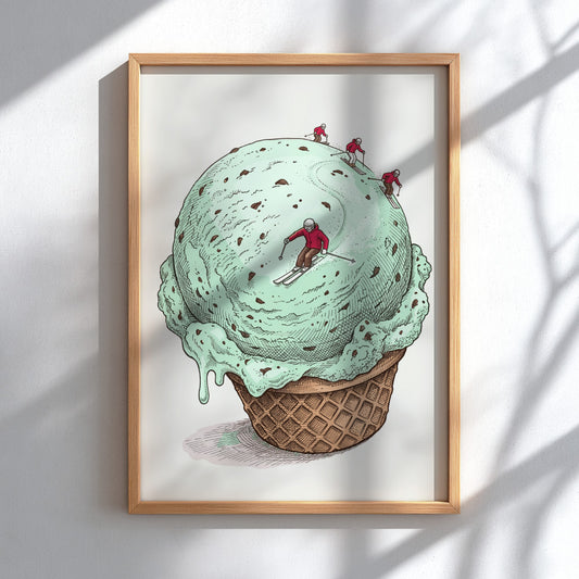 Poster featuring tiny skiers carving tracks down a large mint chocolate chip ice cream scoop