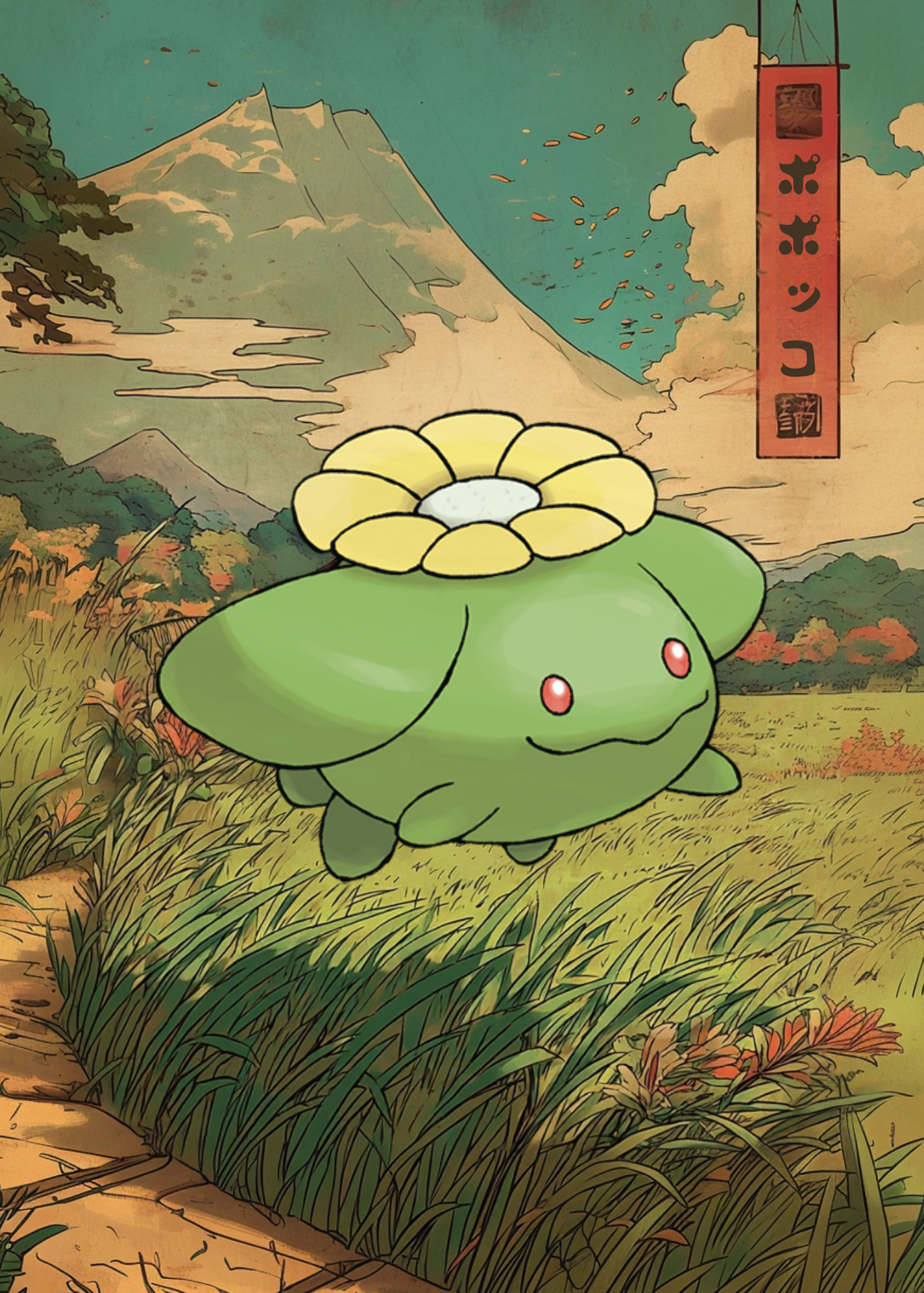Illustration of Skiploom Pokemon in a stylized landscape.