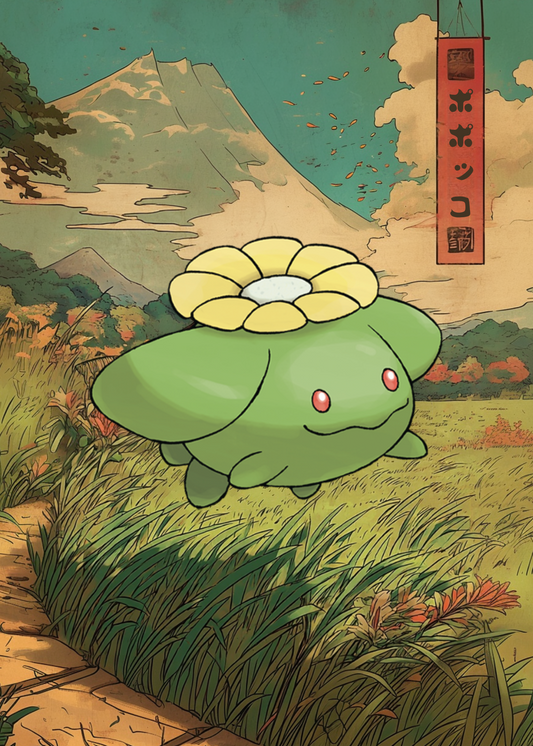 Illustration of Skiploom Pokemon in a stylized landscape.