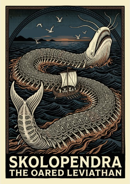 Skolopendra Greek mythology poster featuring a colossal sea serpent and an oared ship in dark, wavy waters.