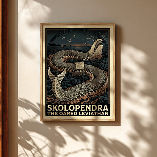 Skolopendra Greek mythology poster featuring a colossal sea serpent and an oared ship in dark, wavy waters.
