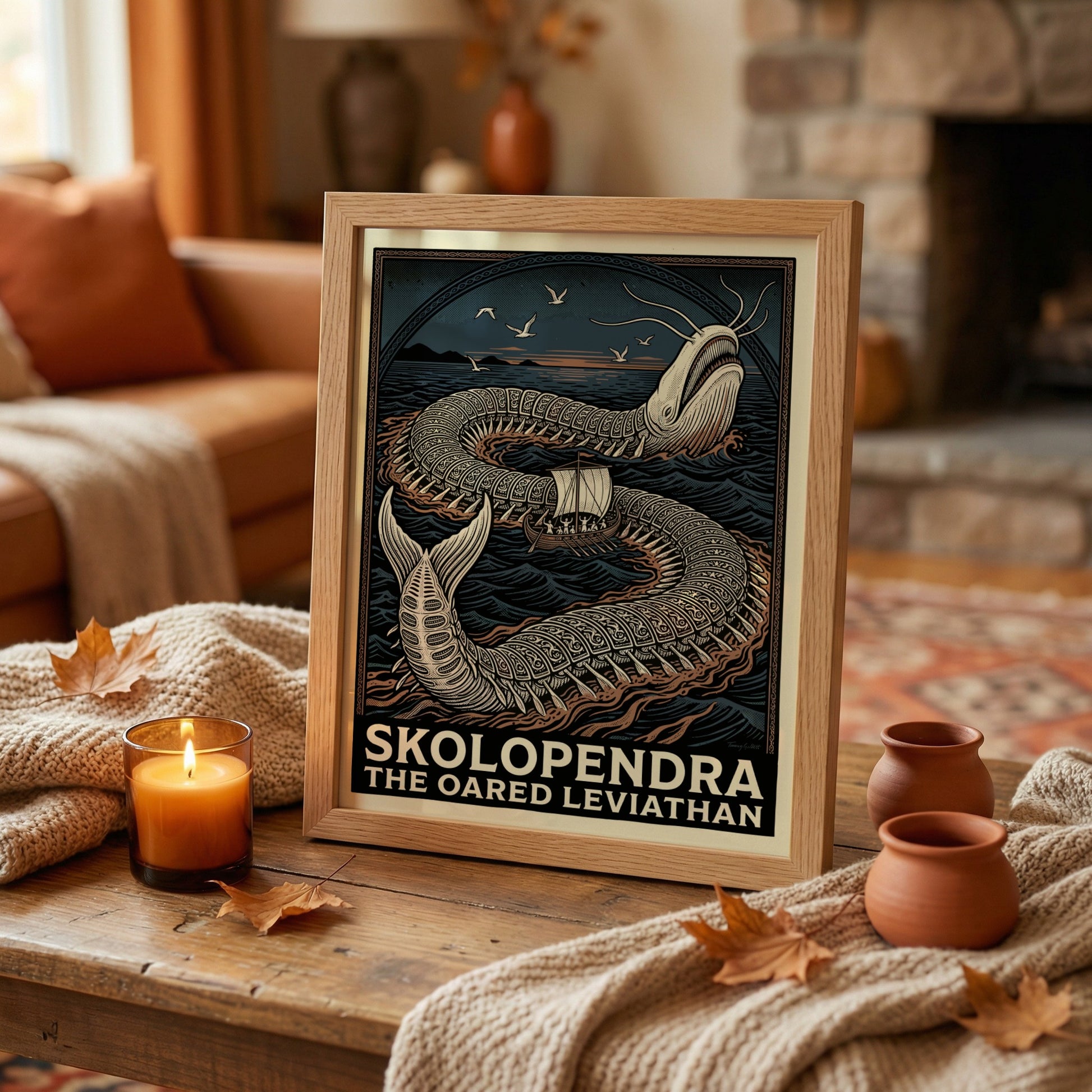Skolopendra Greek mythology poster featuring a colossal sea serpent and an oared ship in dark, wavy waters.