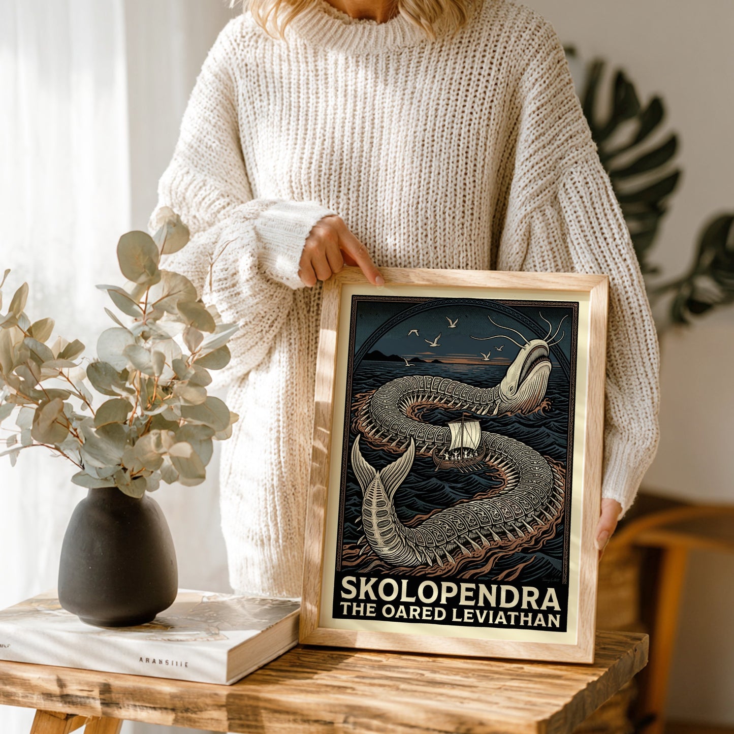 Skolopendra Greek mythology poster featuring a colossal sea serpent and an oared ship in dark, wavy waters.