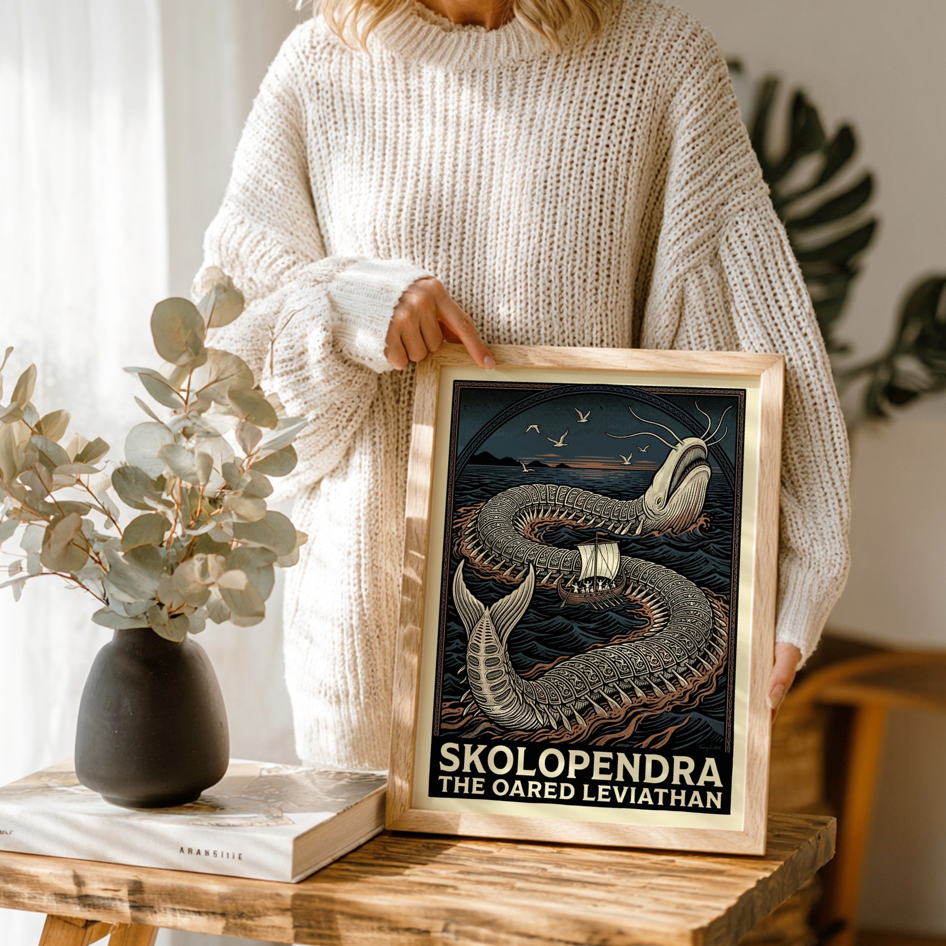 Skolopendra Greek mythology poster featuring a colossal sea serpent and an oared ship in dark, wavy waters.