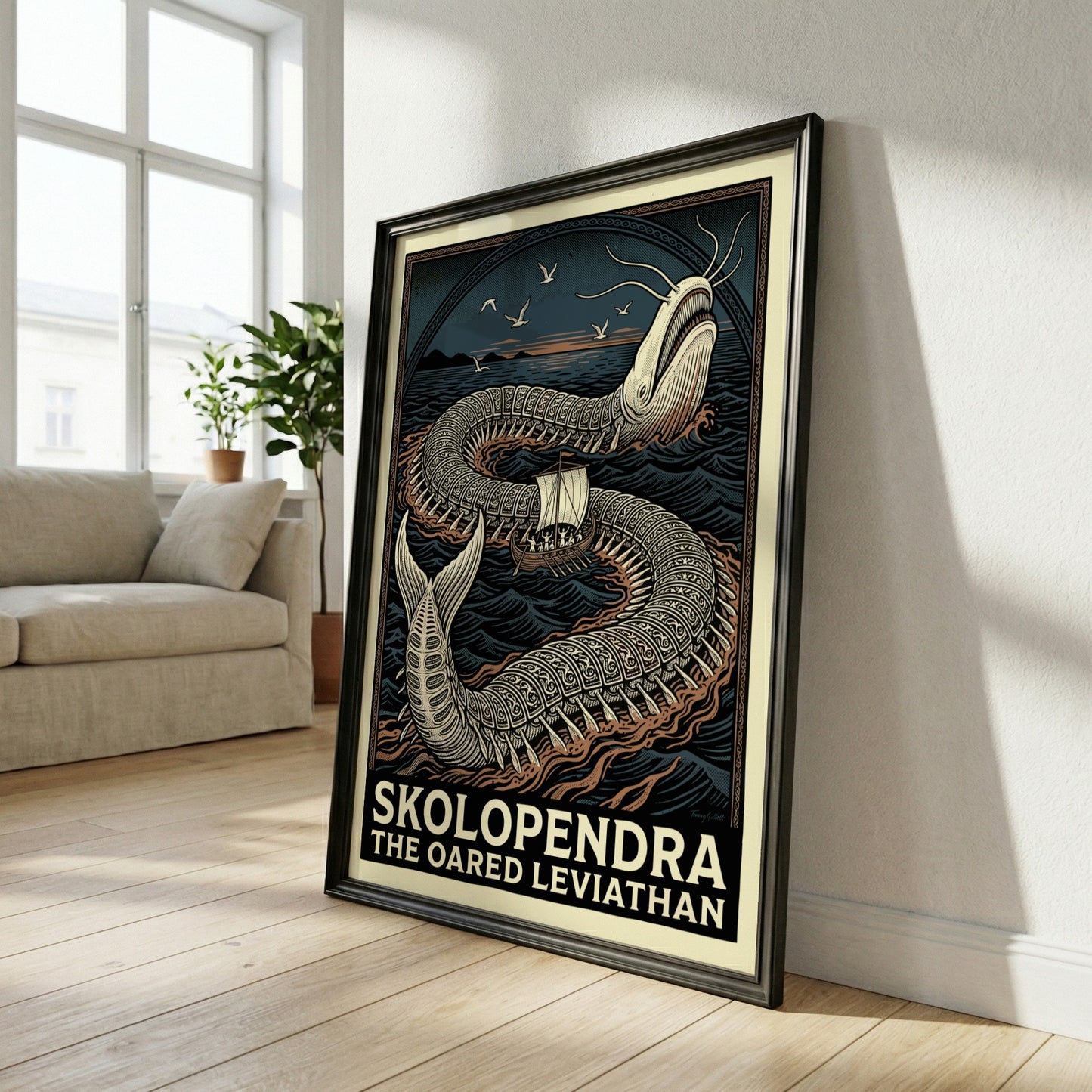 Skolopendra Greek mythology poster featuring a colossal sea serpent and an oared ship in dark, wavy waters.