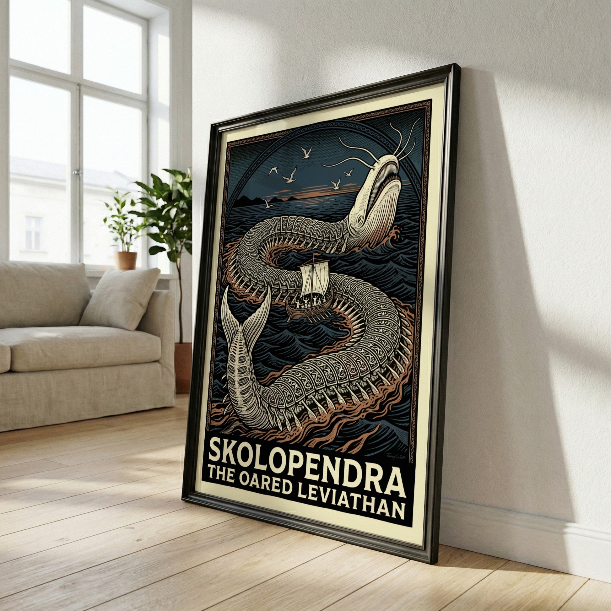 Skolopendra Greek mythology poster featuring a colossal sea serpent and an oared ship in dark, wavy waters.