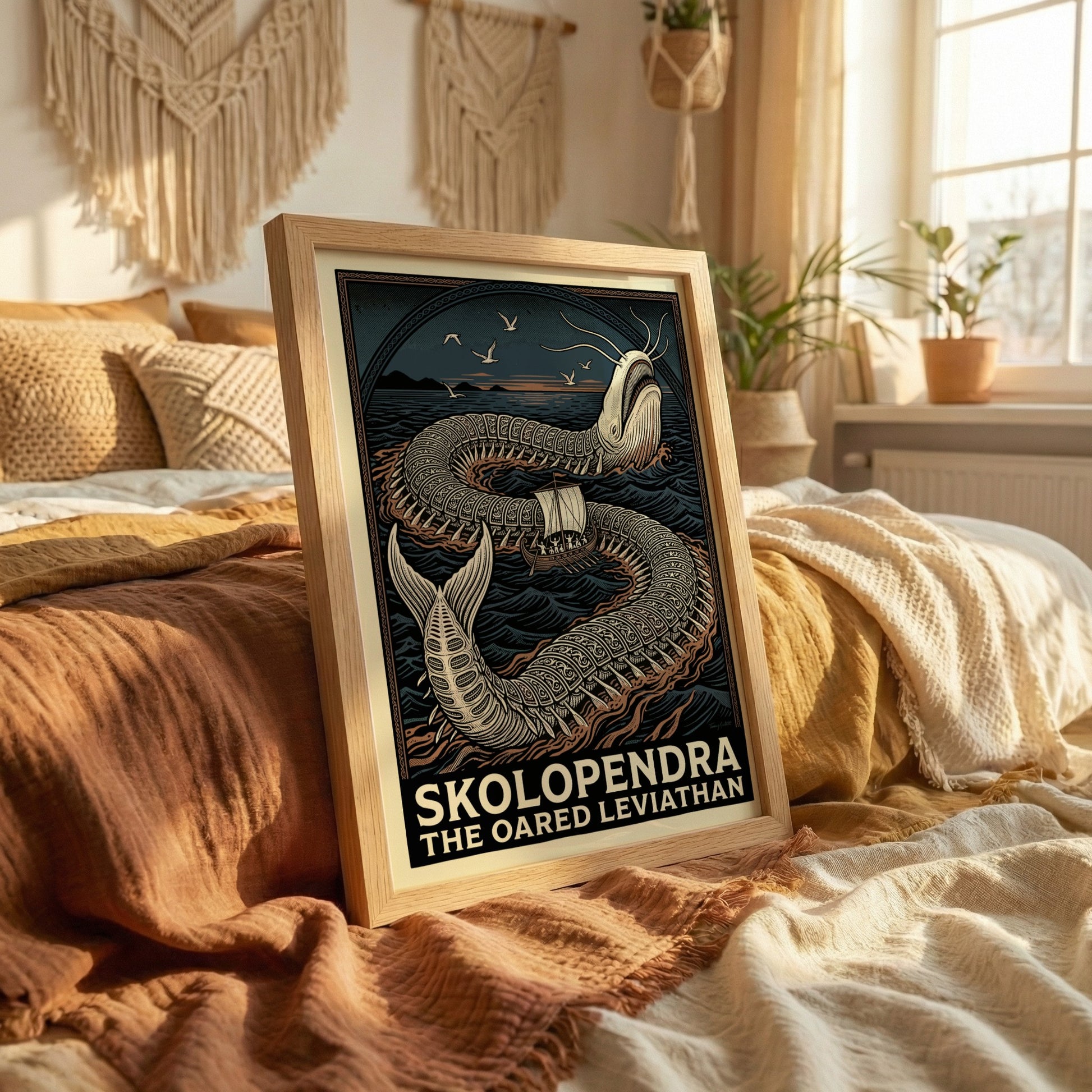 Skolopendra Greek mythology poster featuring a colossal sea serpent and an oared ship in dark, wavy waters.