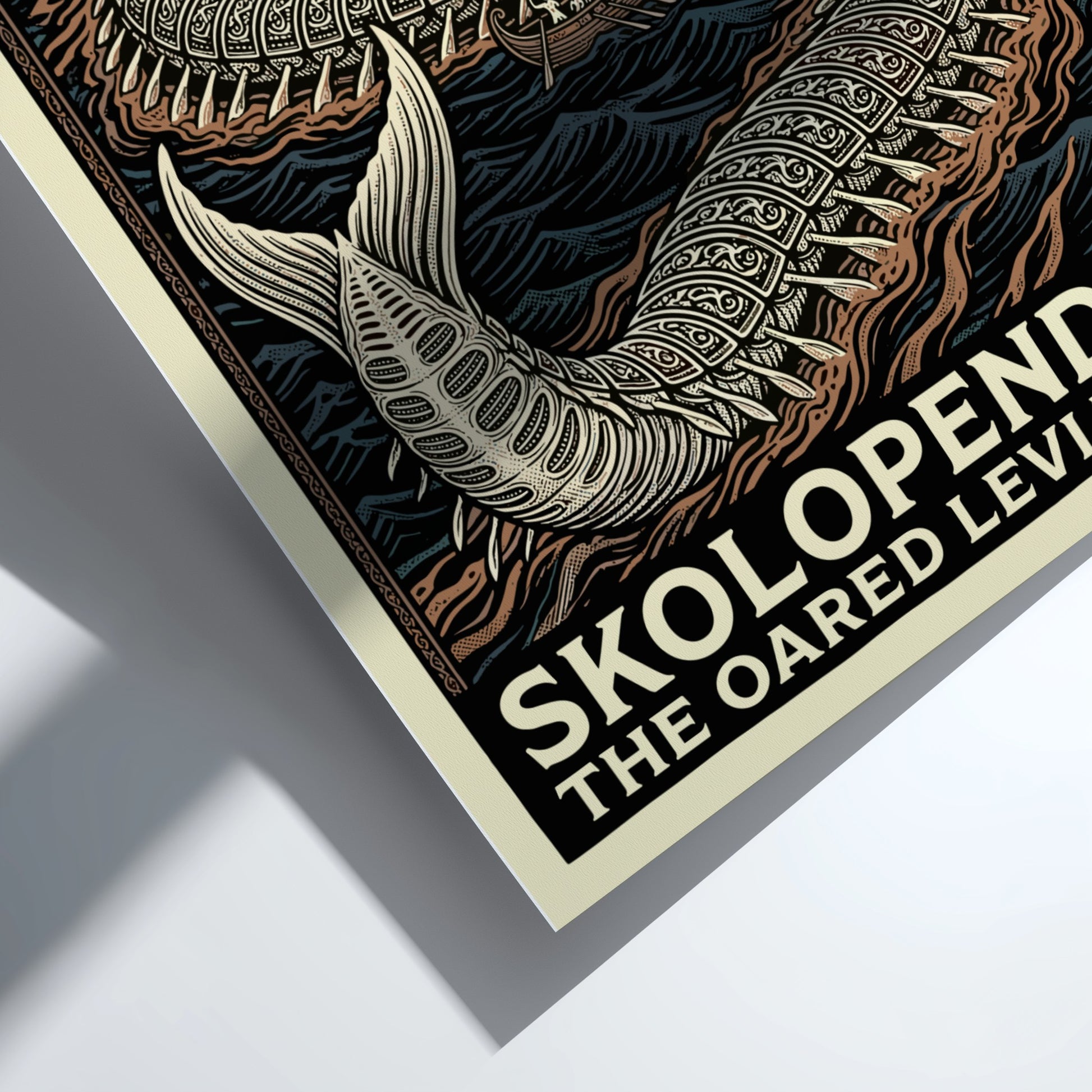 Skolopendra Greek mythology poster featuring a colossal sea serpent and an oared ship in dark, wavy waters.