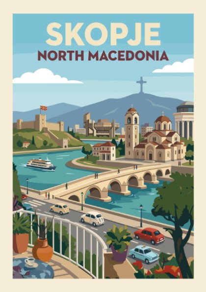 Skopje North Macedonia travel poster featuring the Stone Bridge, Kale Fortress, and cityscape in a vintage
