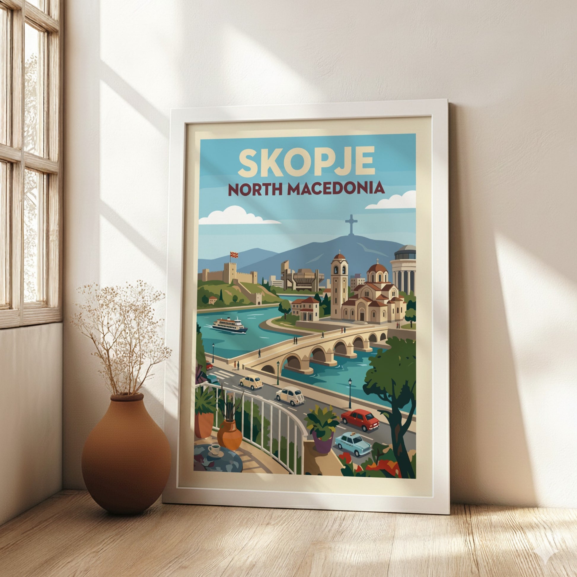 Skopje North Macedonia travel poster featuring the Stone Bridge, Kale Fortress, and cityscape in a vintage