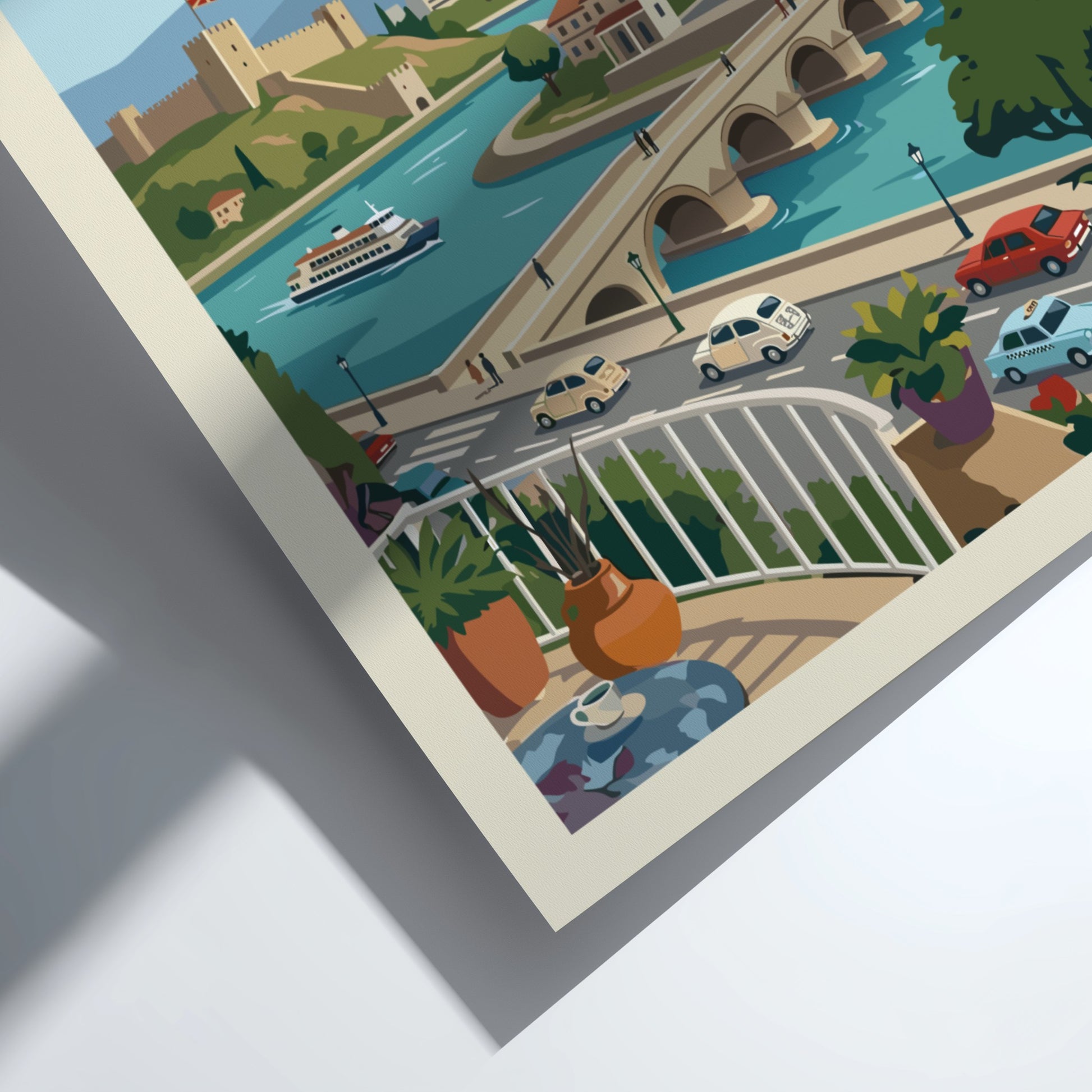 Skopje North Macedonia travel poster featuring the Stone Bridge, Kale Fortress, and cityscape in a vintage