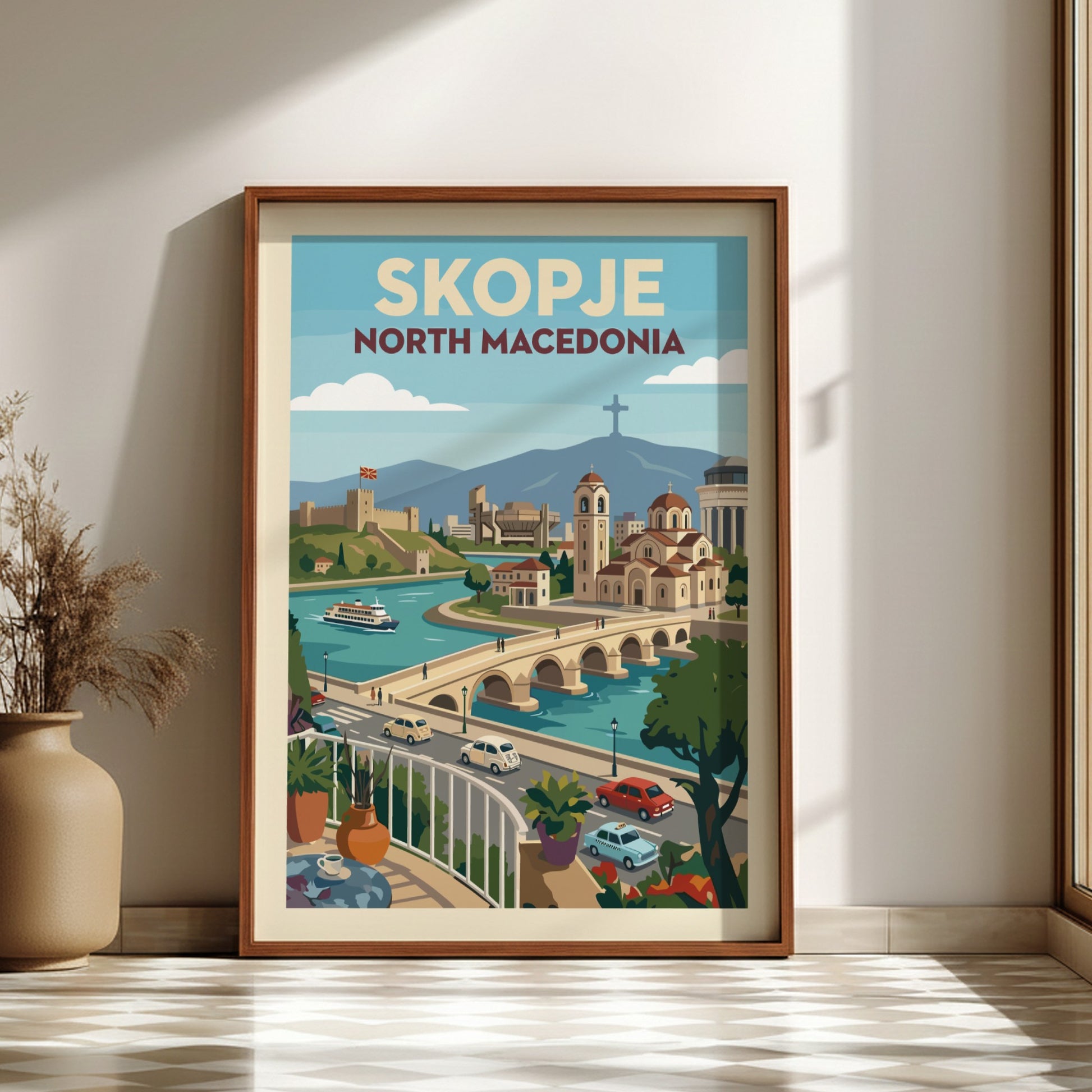 Skopje North Macedonia travel poster featuring the Stone Bridge, Kale Fortress, and cityscape in a vintage