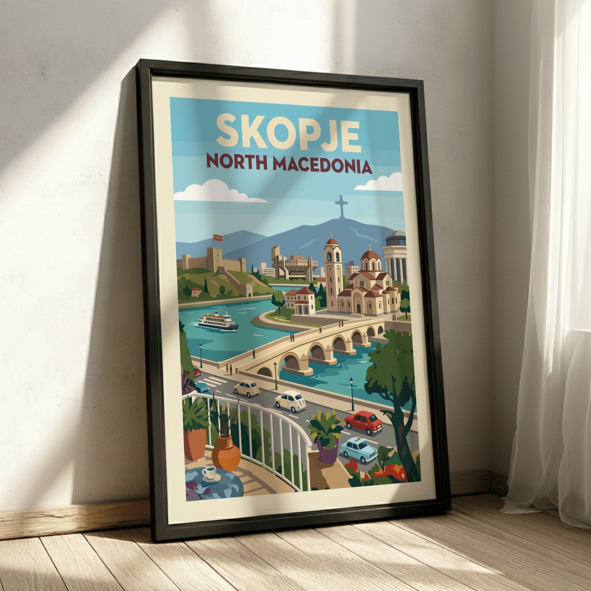 Skopje North Macedonia travel poster featuring the Stone Bridge, Kale Fortress, and cityscape in a vintage