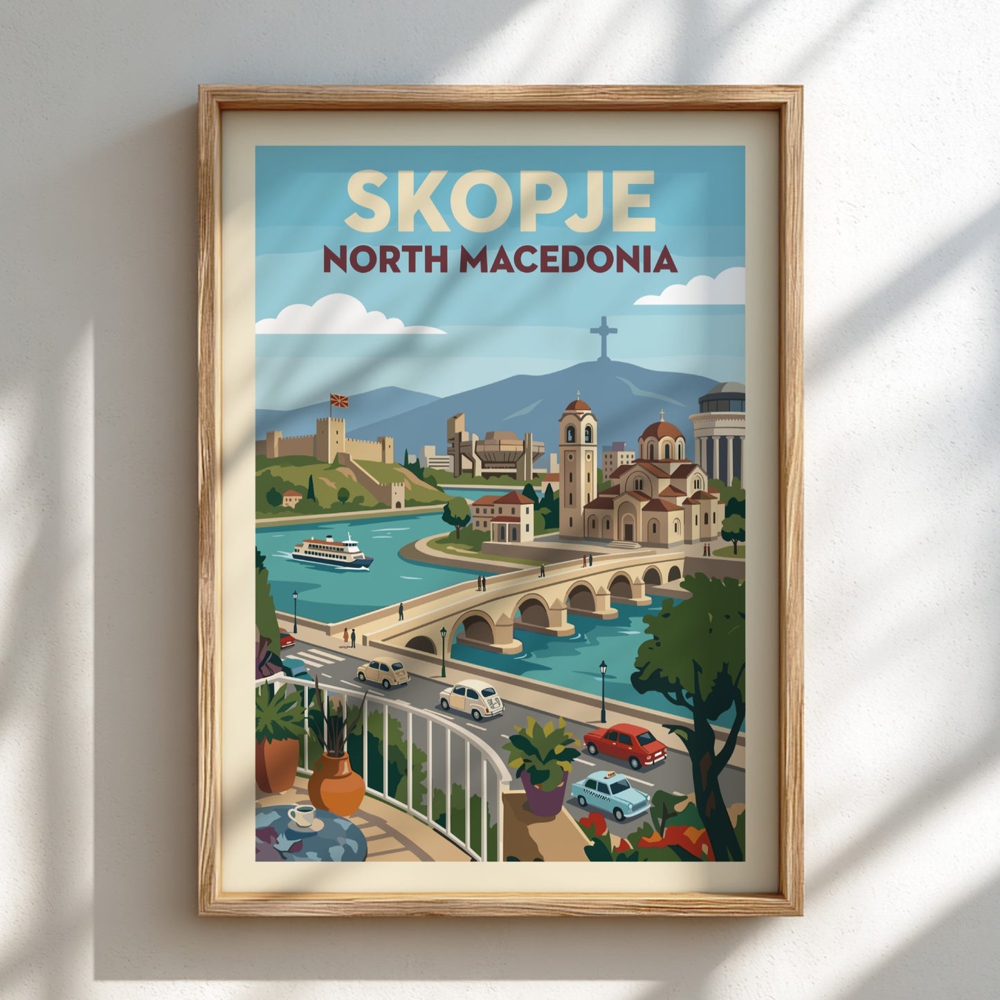 Skopje North Macedonia travel poster featuring the Stone Bridge, Kale Fortress, and cityscape in a vintage