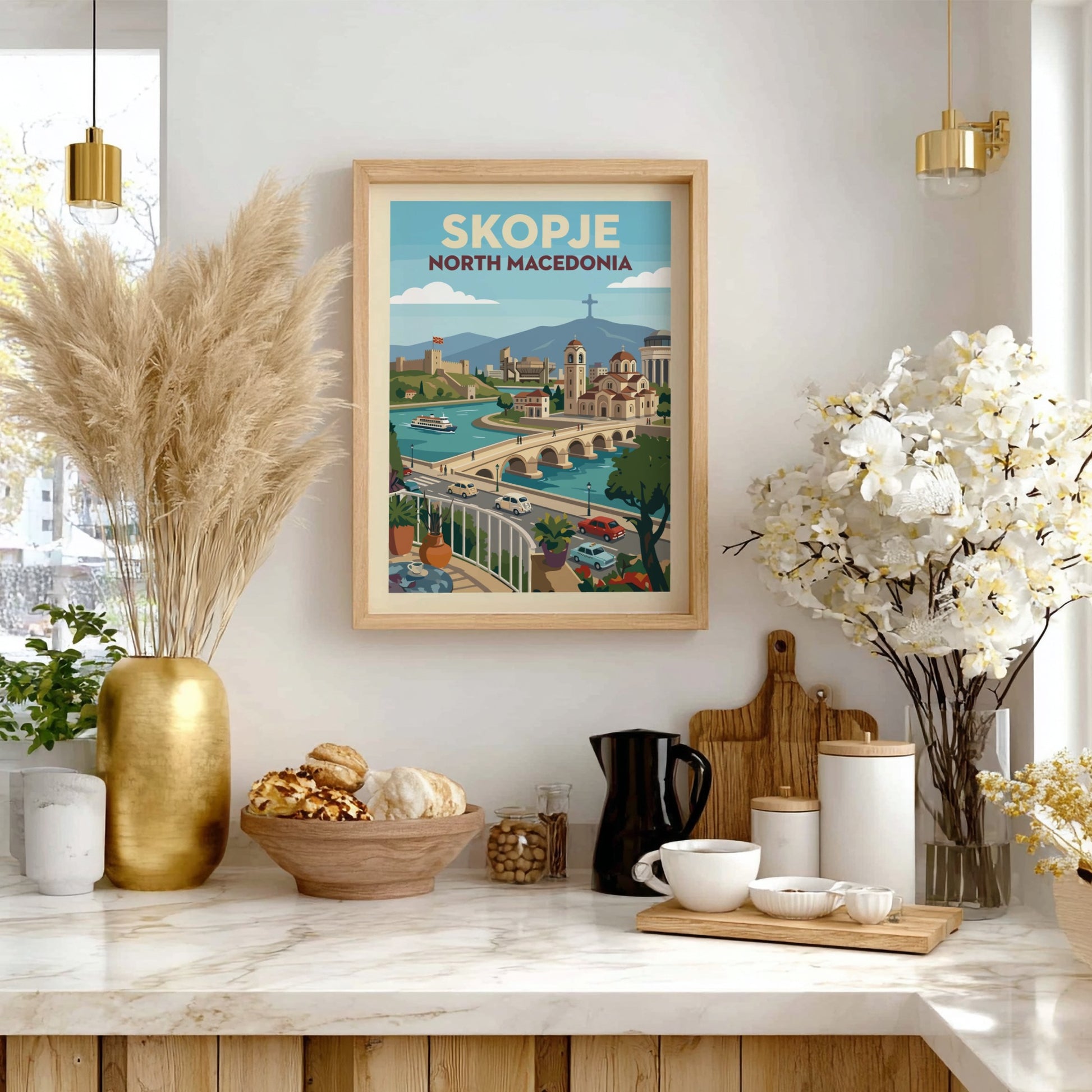 Skopje North Macedonia travel poster featuring the Stone Bridge, Kale Fortress, and cityscape in a vintage