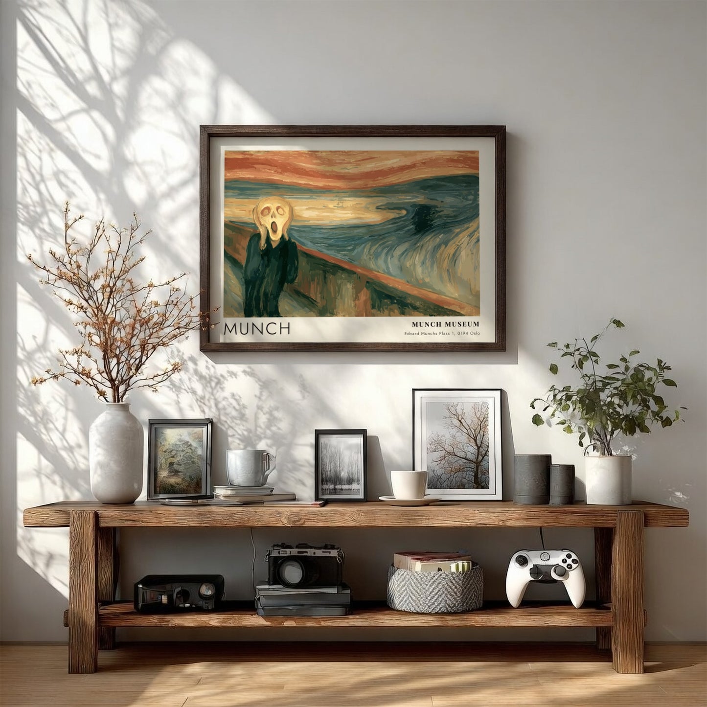 Munch The Scream museum poster in a wood frame featuring swirling blue orange tones