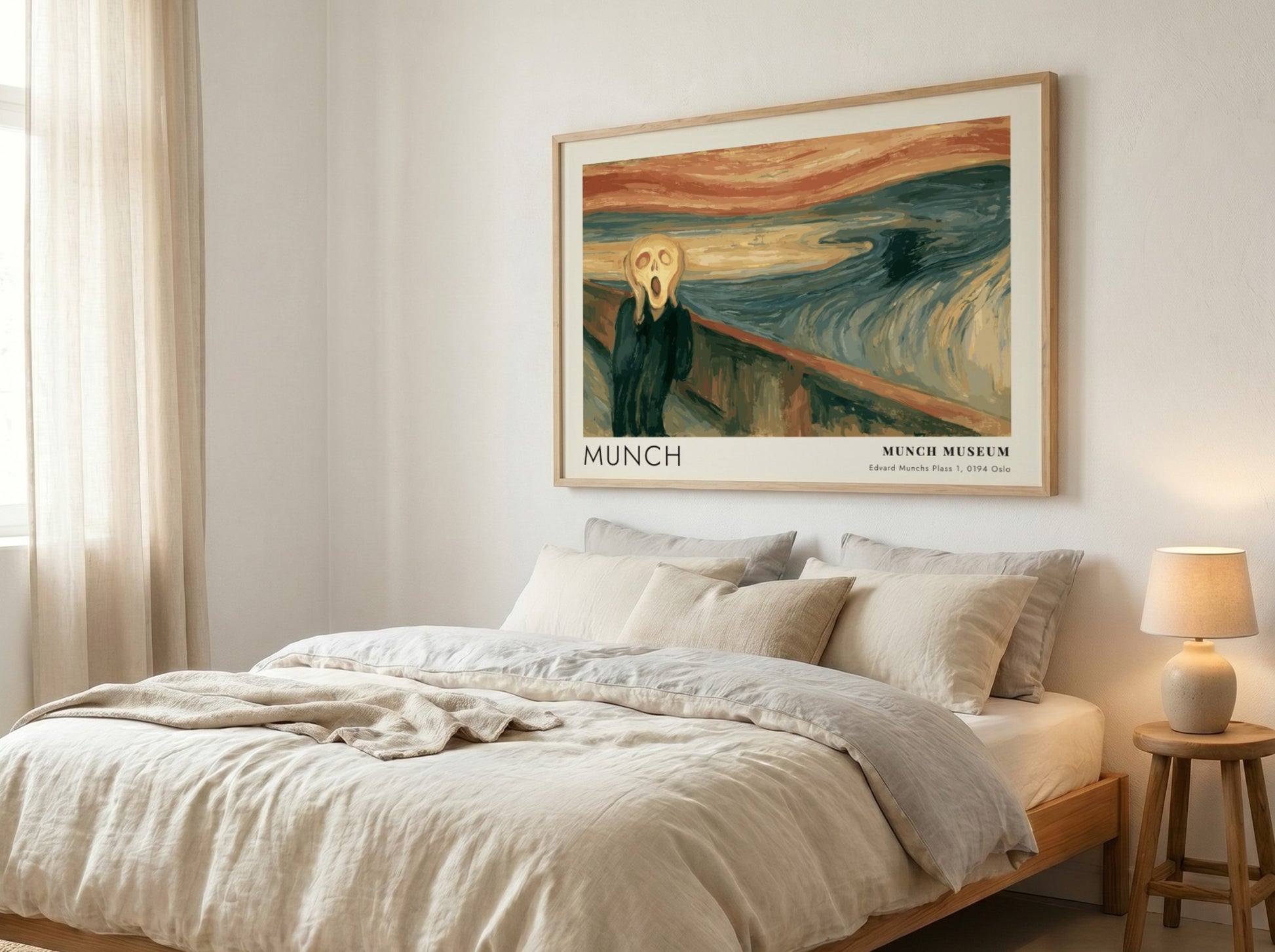 Munch The Scream museum poster in a wood frame featuring swirling blue orange tones