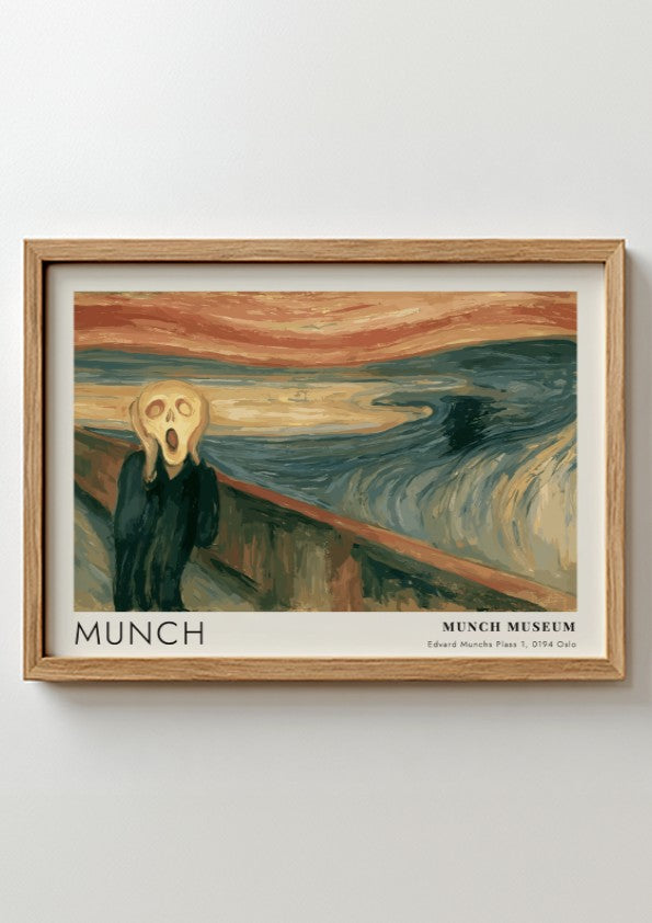 Munch The Scream museum poster in a wood frame featuring swirling blue orange tones