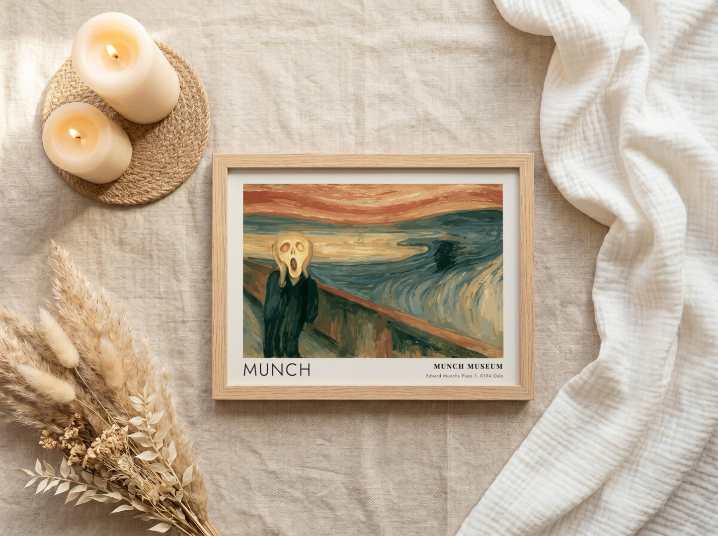 Munch The Scream museum poster in a wood frame featuring swirling blue orange tones