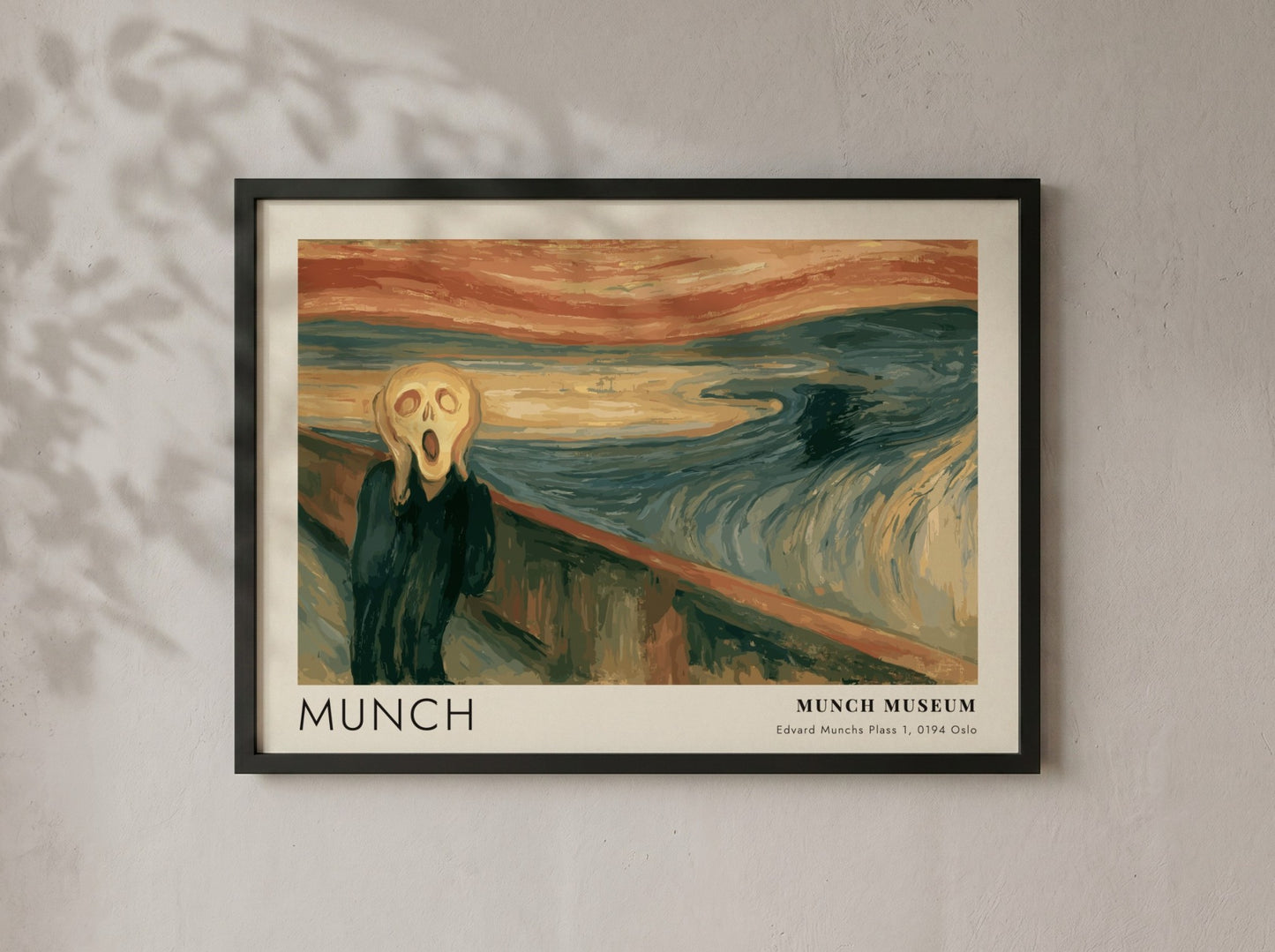 Munch The Scream museum poster in a wood frame featuring swirling blue orange tones