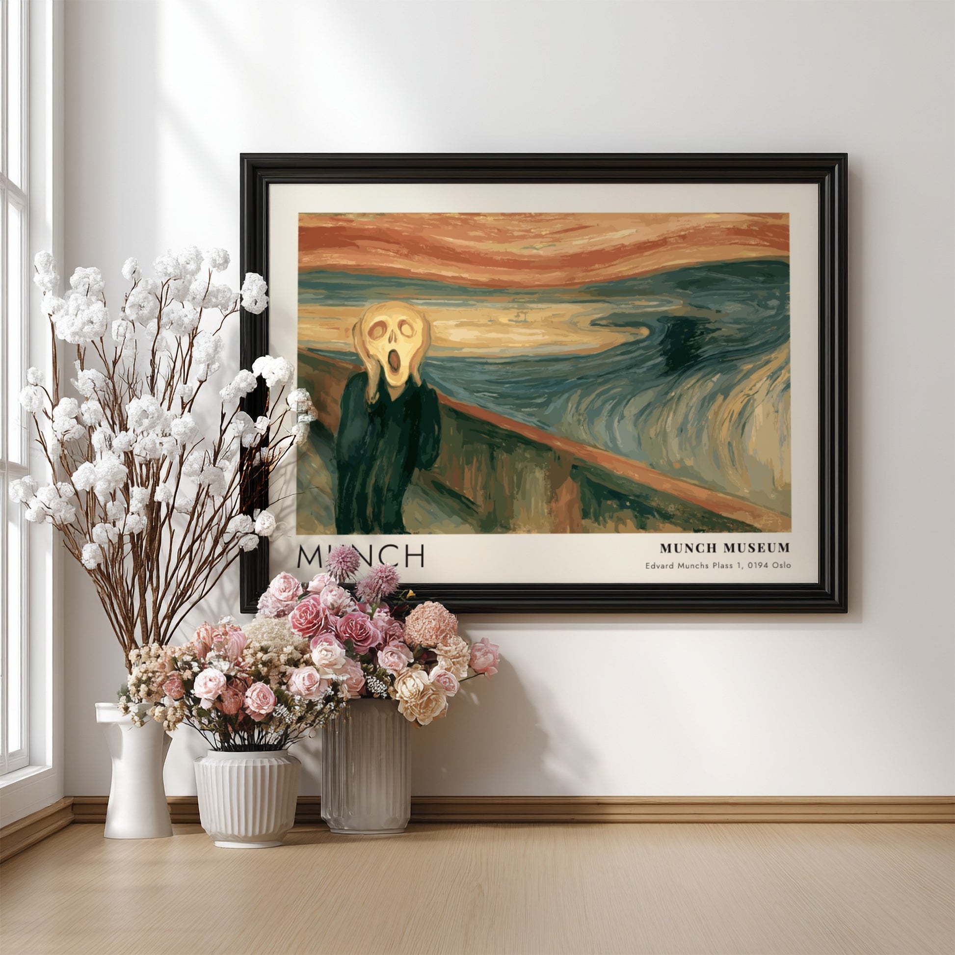 Munch The Scream museum poster in a wood frame featuring swirling blue orange tones