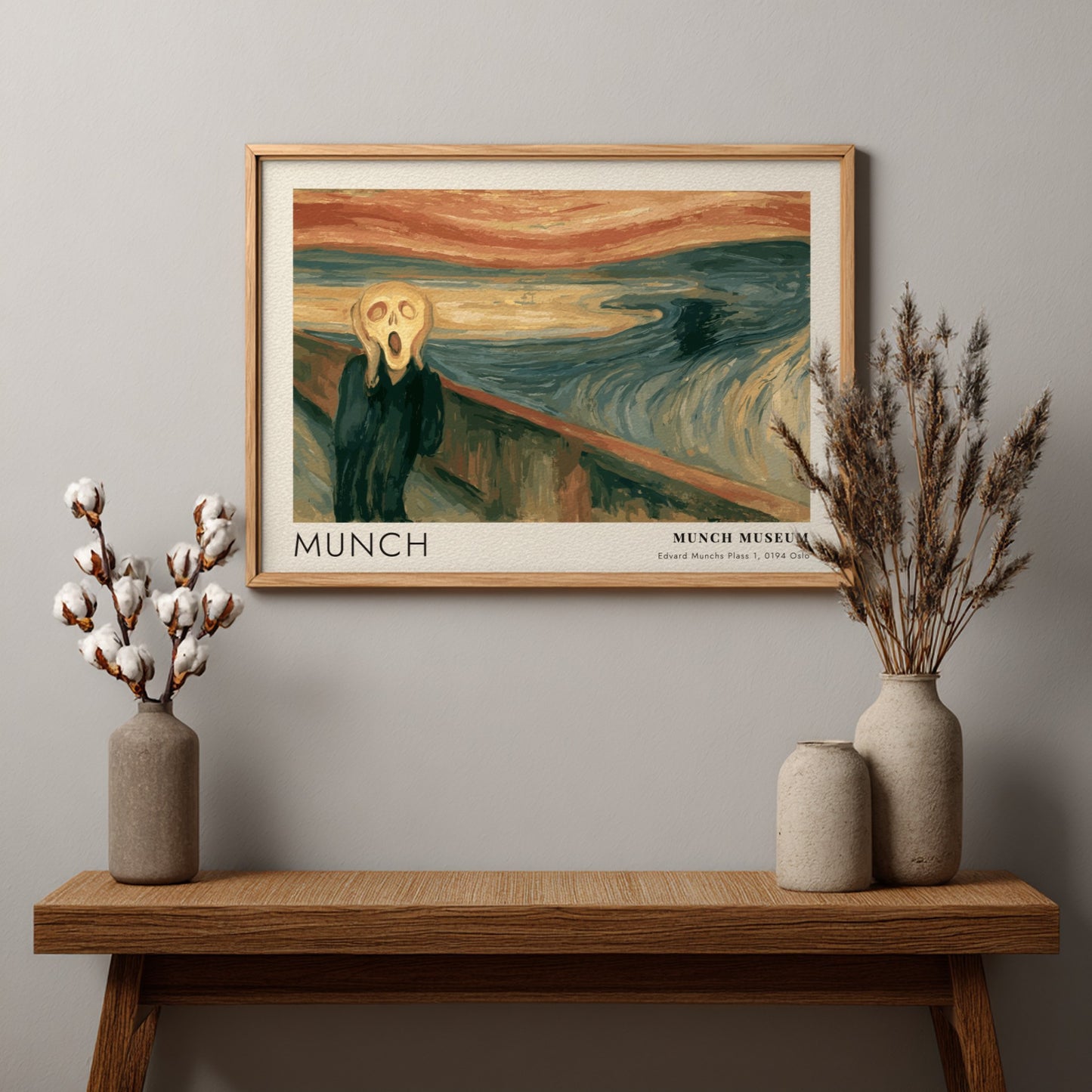 Munch The Scream museum poster in a wood frame featuring swirling blue orange tones