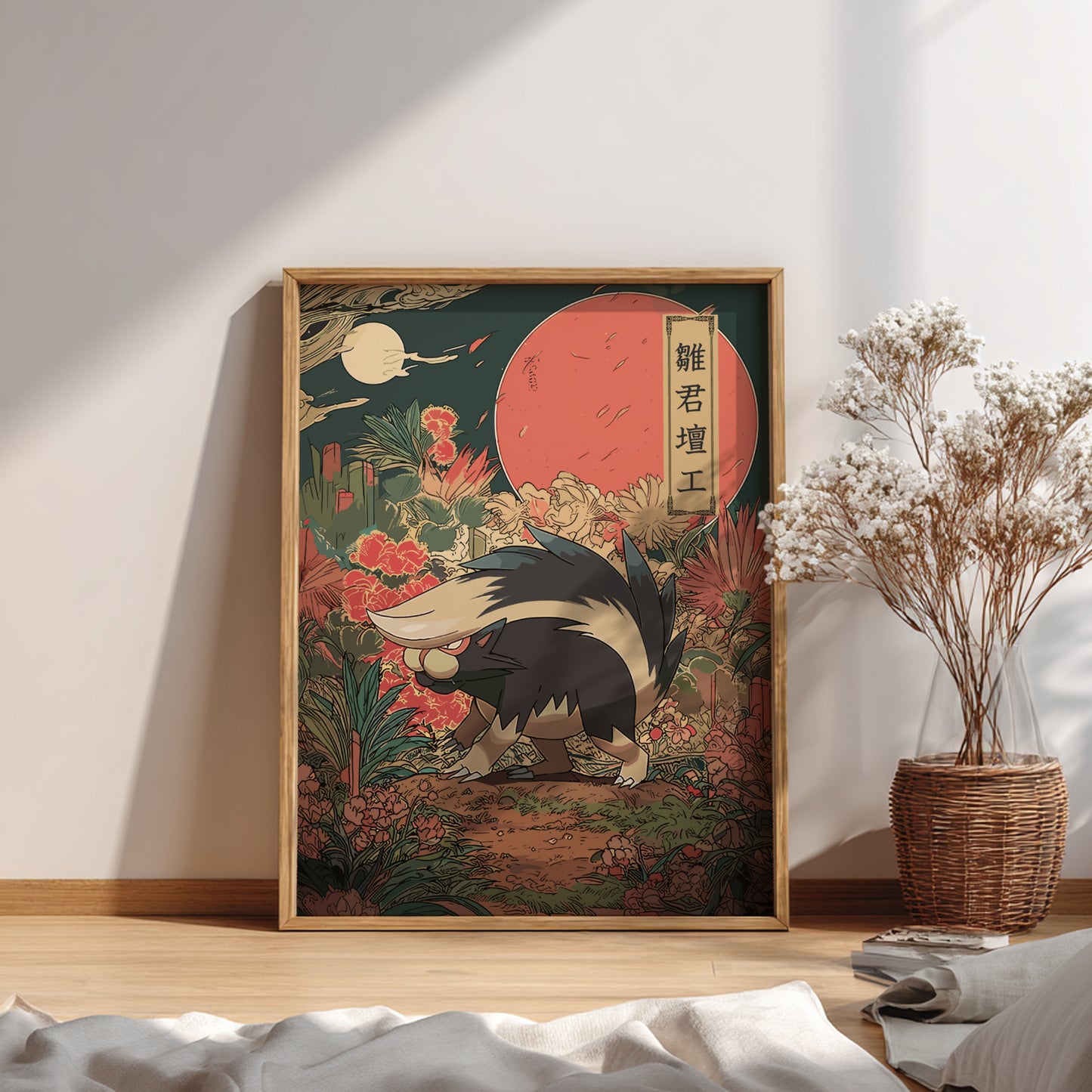 Framed artwork with a stylized Skuntank Pokemon and floral design on a wall.