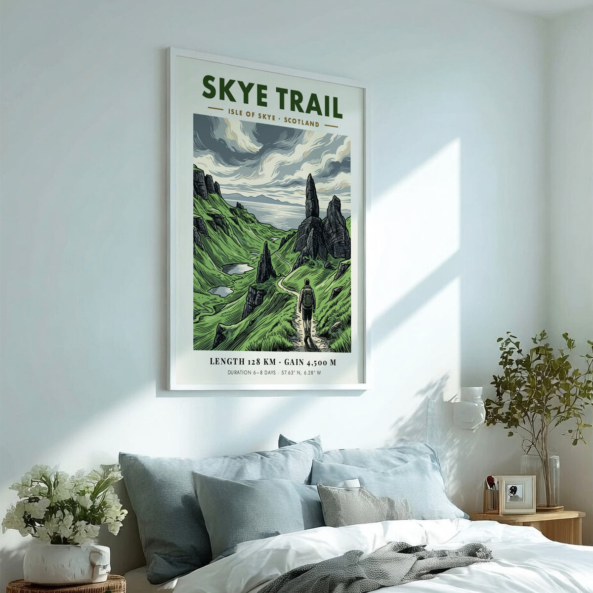 Skye Trail poster featuring a hiker on a green Scottish path near rocks.