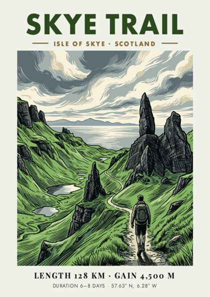 Skye Trail poster featuring a hiker on a green Scottish path near rocks.