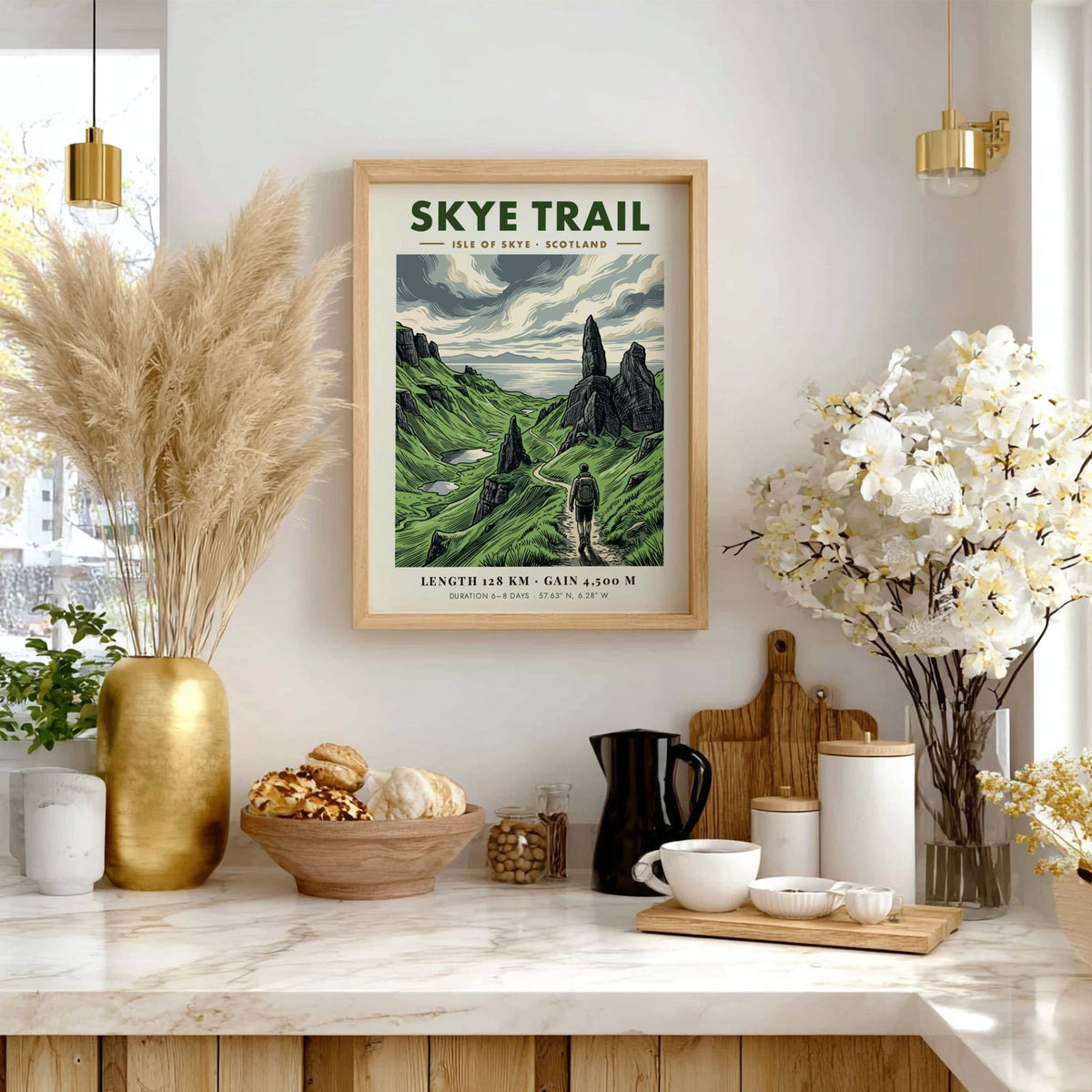 Skye Trail poster featuring a hiker on a green Scottish path near rocks.